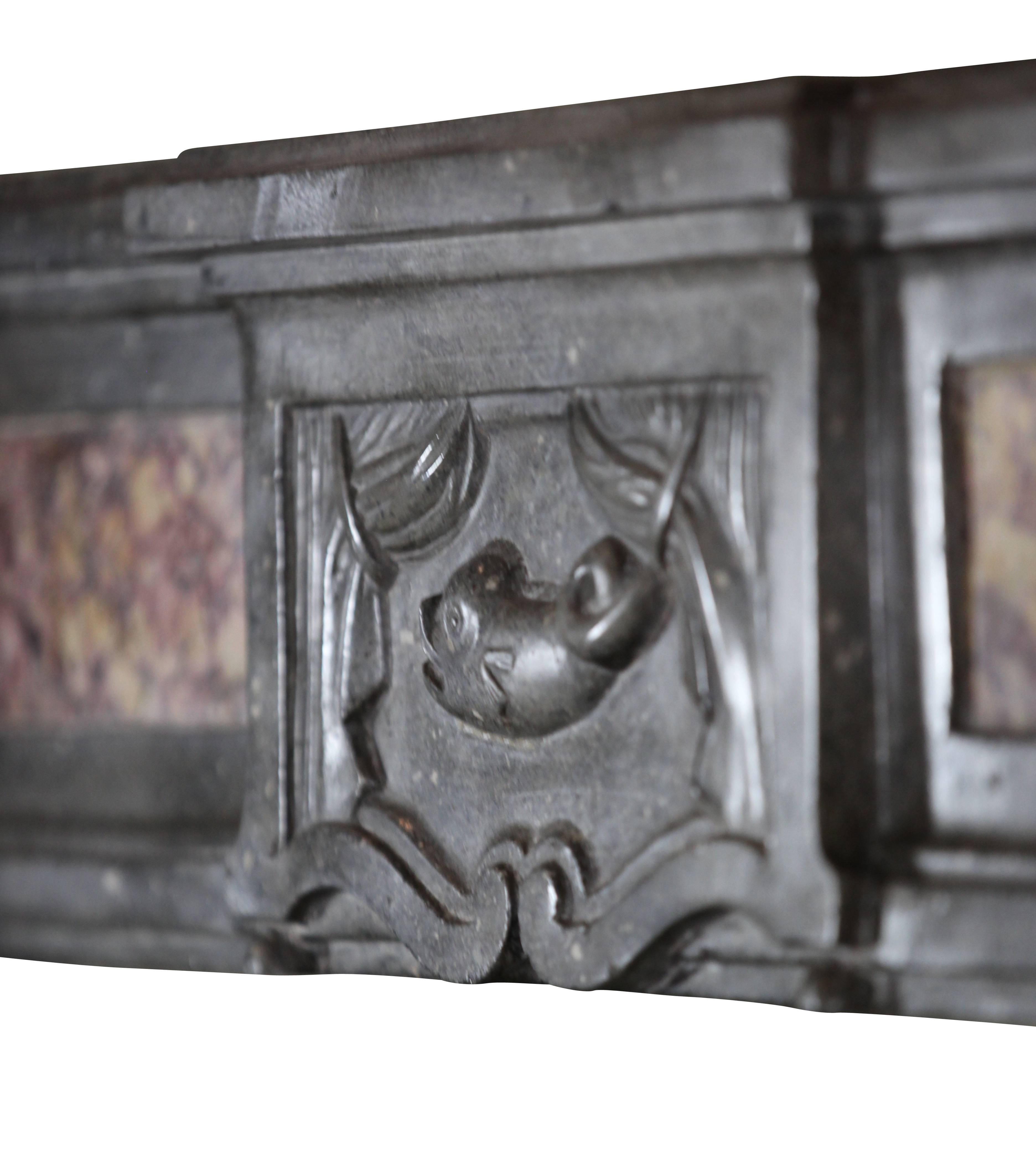 Bicolor Antique Stone And Marble Fireplace Surround With Dolphin From Italiy In Excellent Condition For Sale In Beervelde, BE