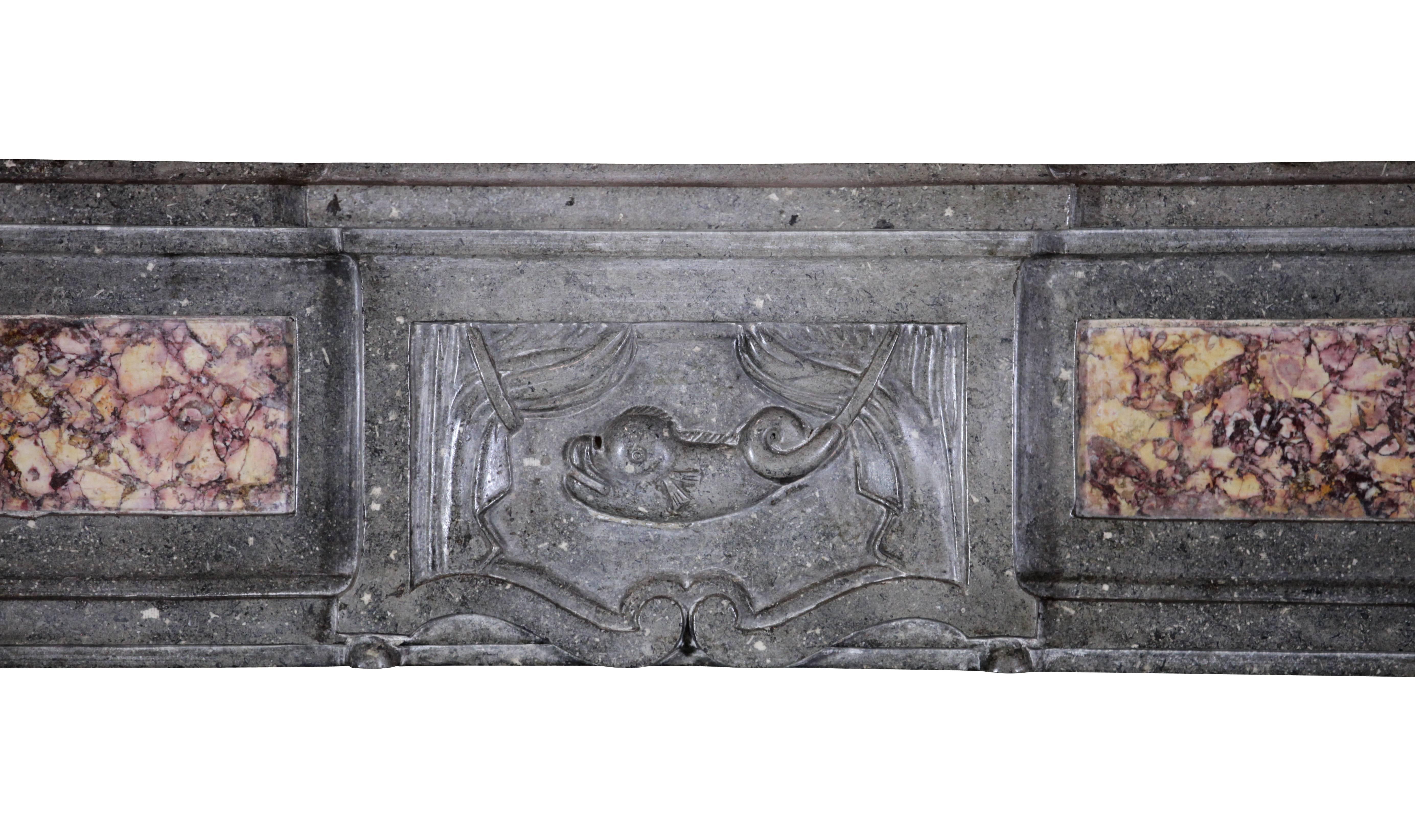 Hand-Carved Bicolor Antique Stone And Marble Fireplace Surround With Dolphin From Italiy For Sale