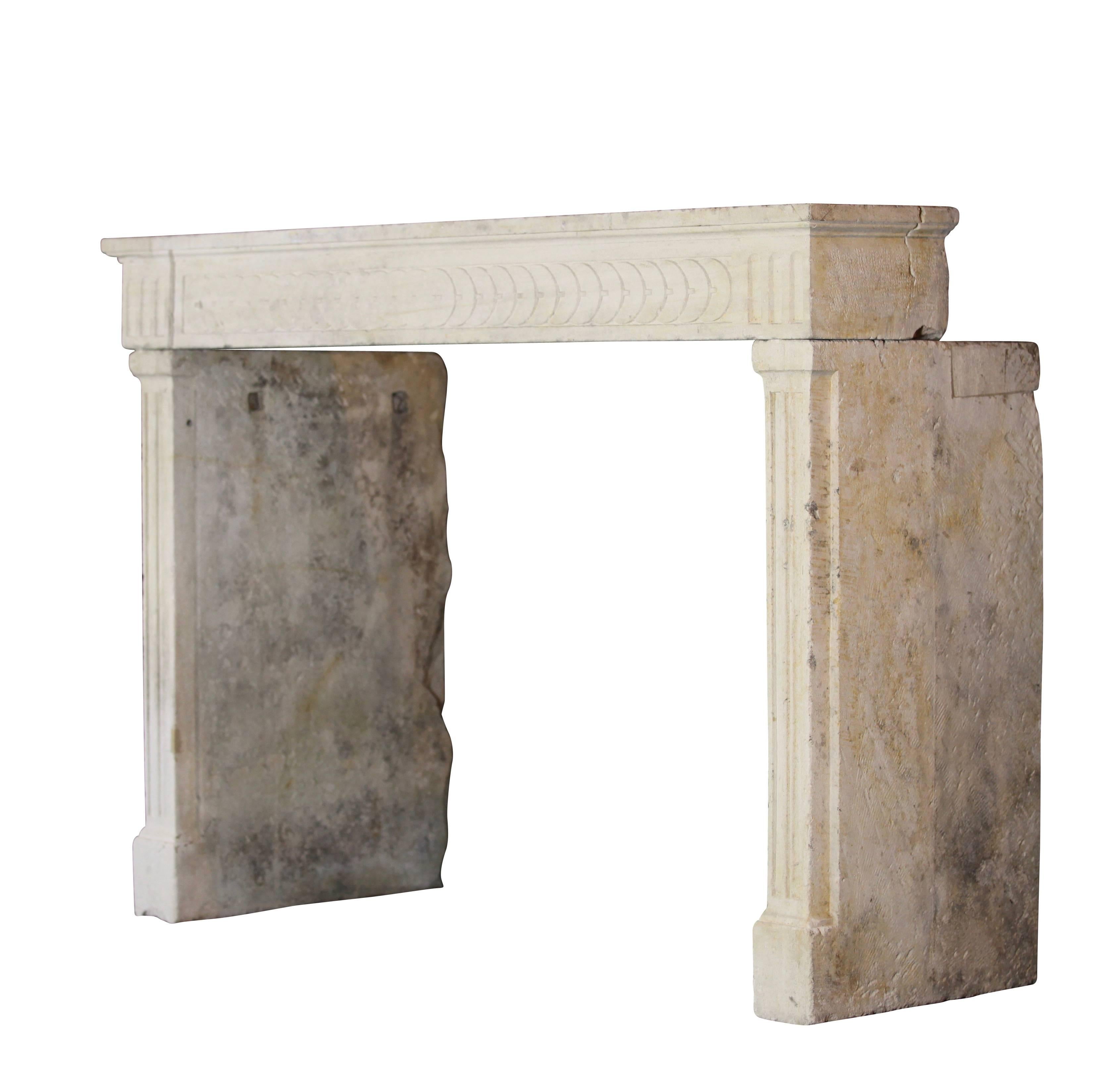 This is a very unusual limestone antique fireplace surround. The design on the front is very beautiful. The two corners on the shelf had restoration. Rustic and country but still very stylish.

Measures:
157 cm EW 61.81