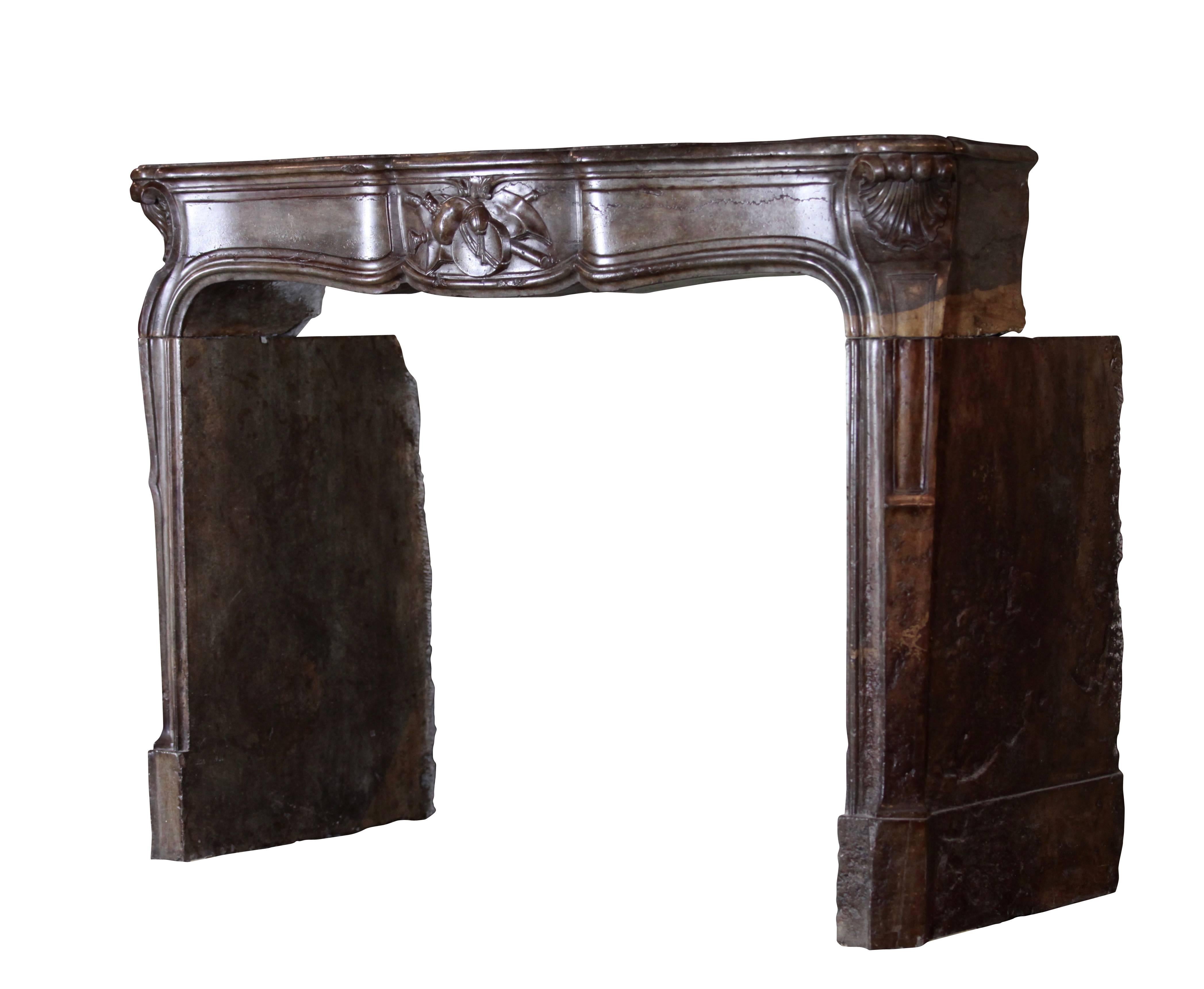 This bicolor antique fireplace surround has a very deep patina. The detail in the middle shows music instruments and is from the Directoire period. It was installed in a panneled library. Top of shelf shows some roughness. A perfect mantel for a