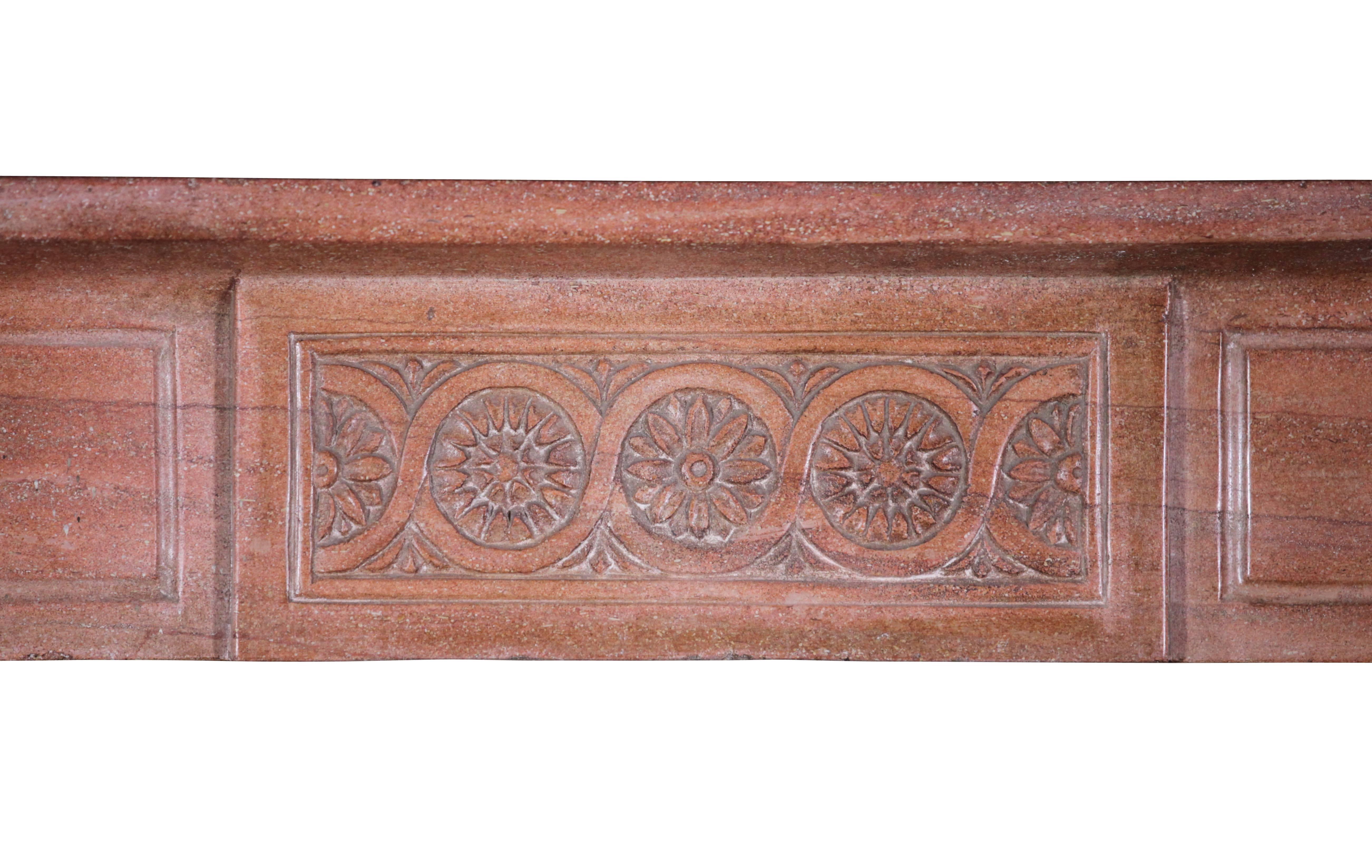 This Italian influence quite unique original fireplace surround has been executed in warm color marble stone. A perfect fit for different decor styles. The carving is very fine. 

Measures:
139 cm EW 54.72",
109 cm EH 42.91",
114 cm