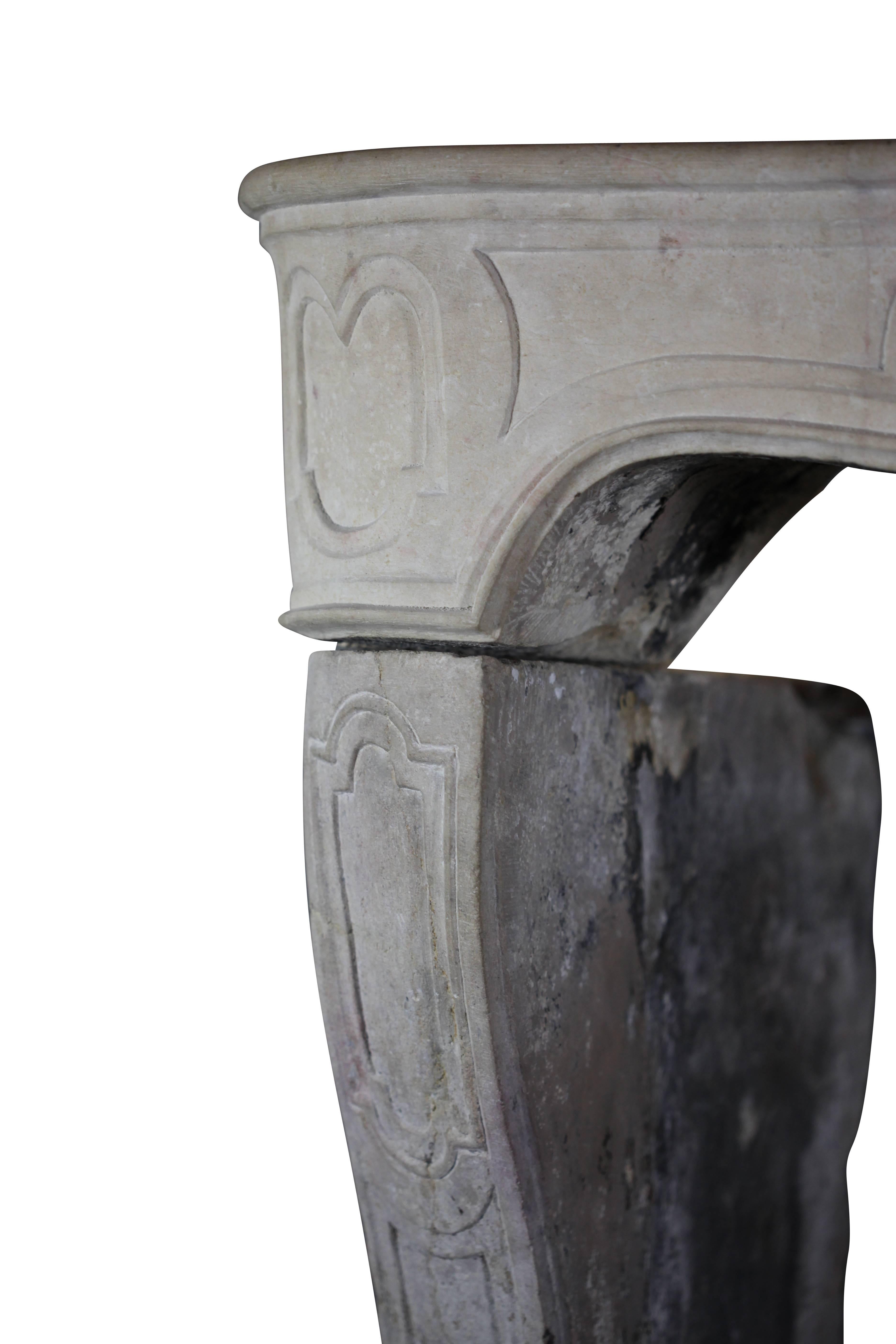 Carved 18th Century Limestone Country Antique Fireplace Mantel For Sale