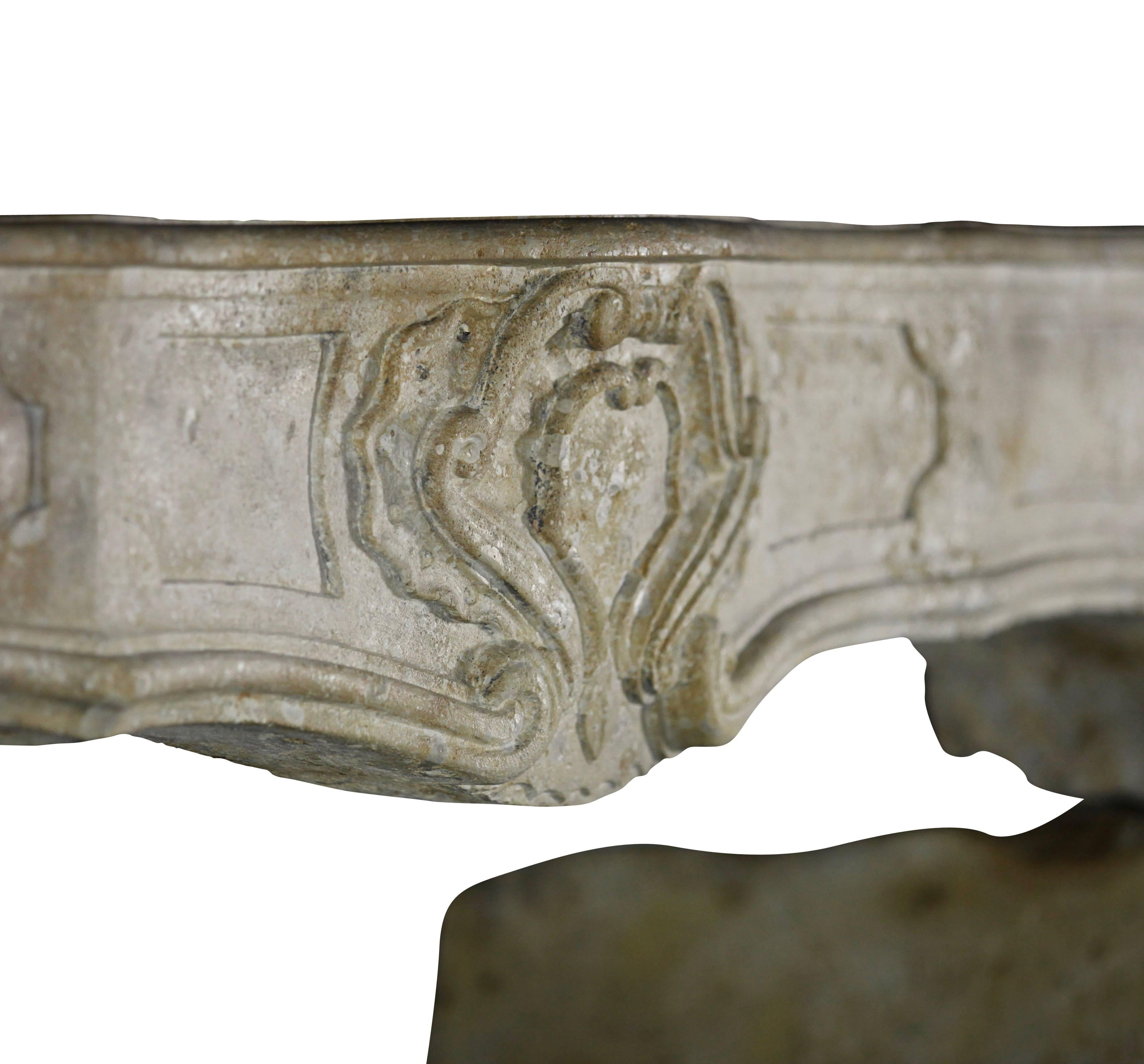 Hand-Carved 18th Century French Country Limestone Fireplace Surround For Sale