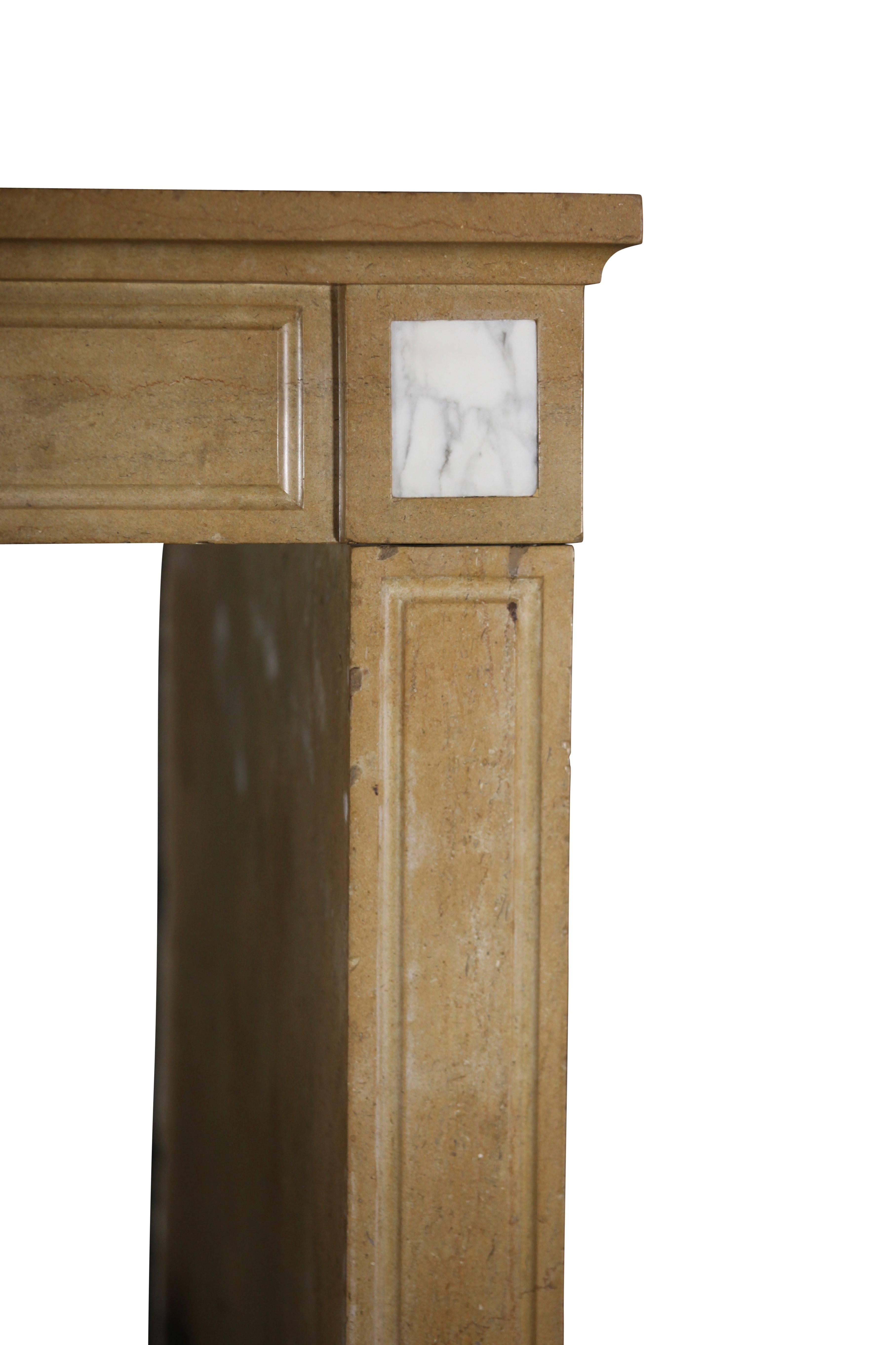 Diese Original-Kamineinfassung aus Hartstein mit Einlagen aus Carrara-Marmor aus dem frühen 19. Jahrhundert wurde in der Region Burgund in Frankreich installiert. Die extra tiefen Beine mit Seitenteil sind für einen umlaufenden Kaminsims