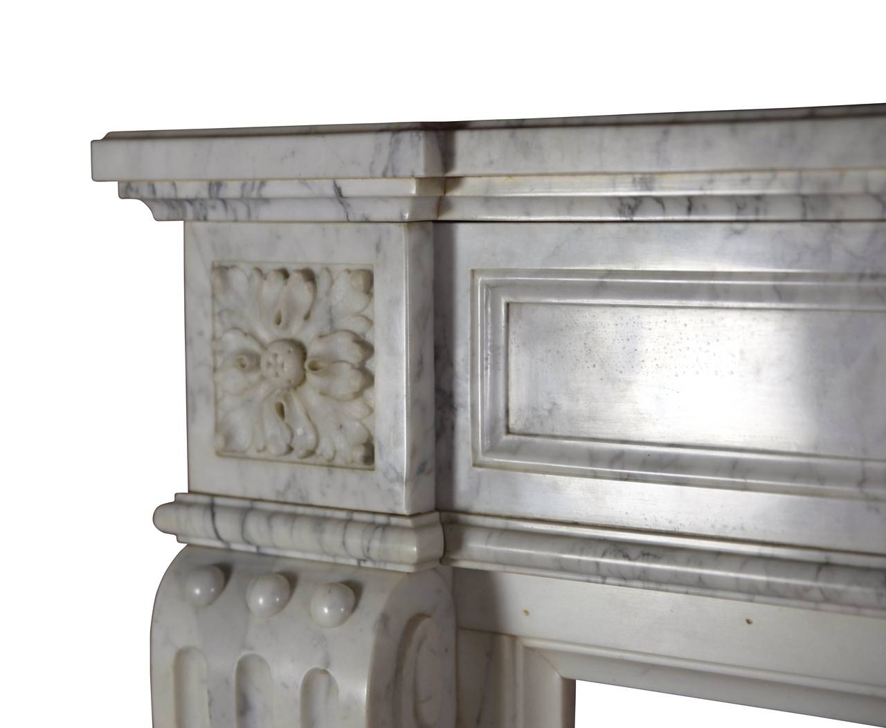 This is a very handsome Blanc de Carrara marble fireplace surround with a Fine flower garland design. This mantel was made in the 19th century and was crafted in the Louis XVI style. It is very decorative and ready to be installed.
Measurements: