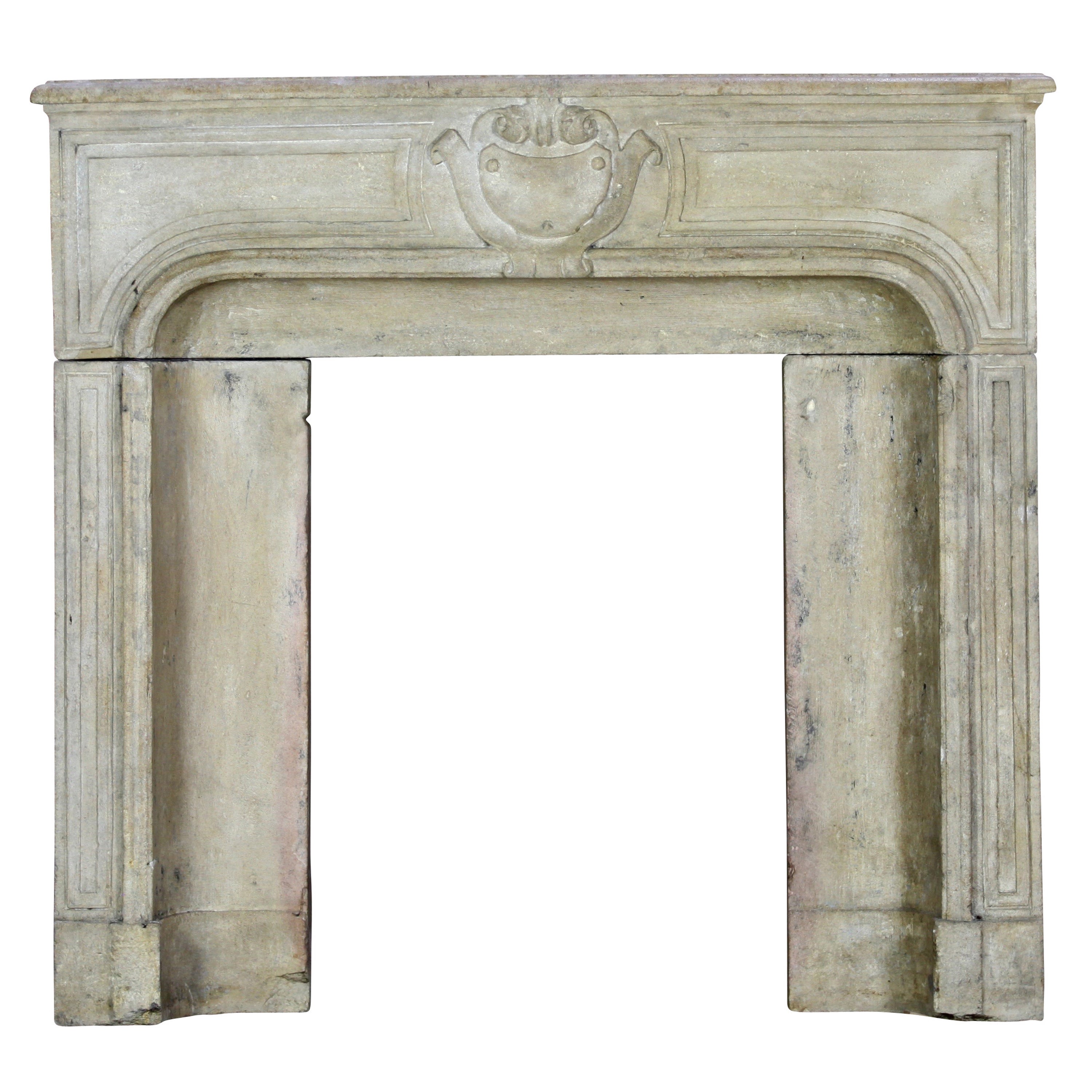 18th Century Small French Country Limestone Antique Fireplace Surround