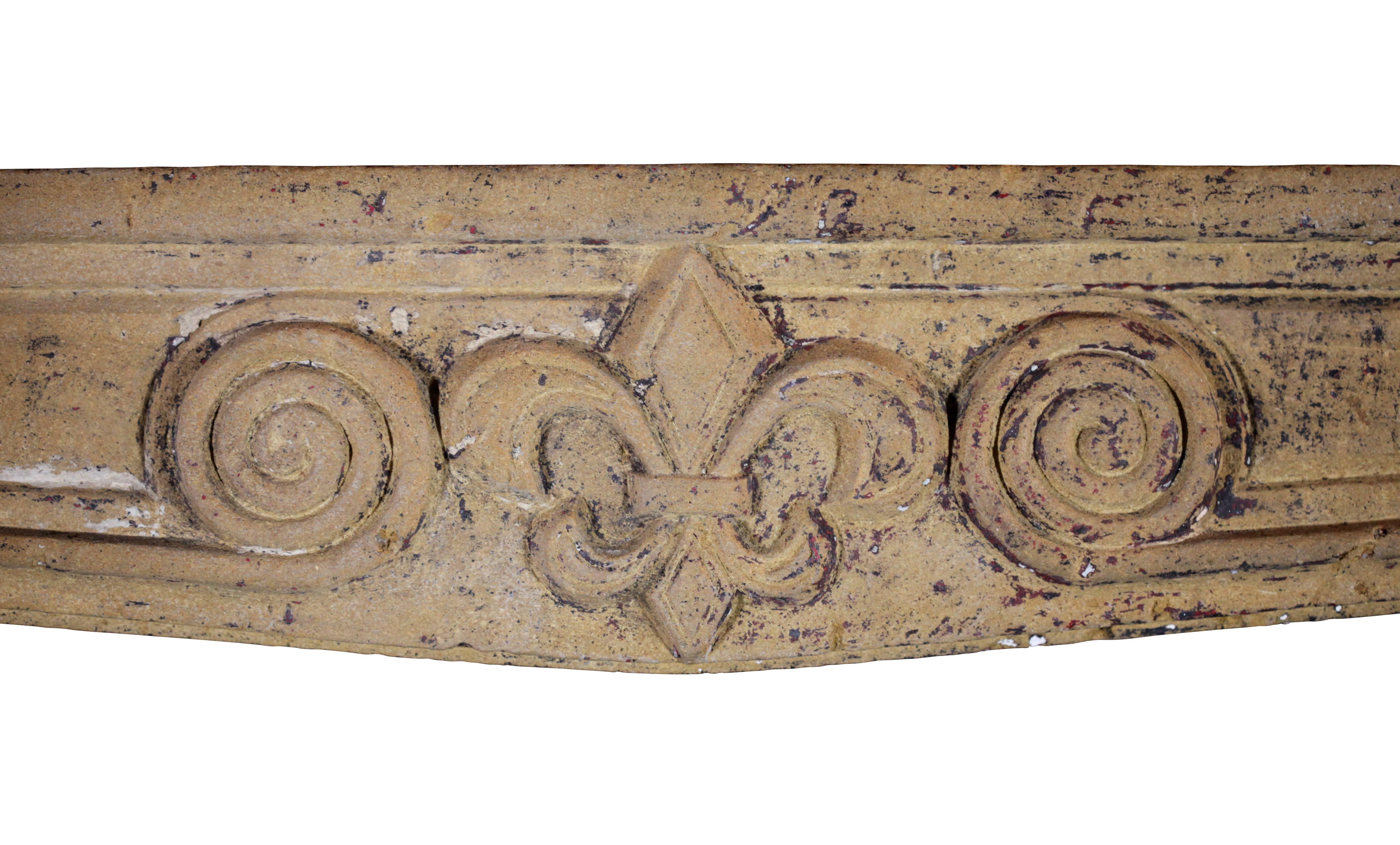 Very decorative French country fireplace surround in Pierre d'or de Lyon for a cozy or rustic interior design. The fleur-de-lys in the center of the front piece and nice remains of the original patina from the Provence brings that real French living