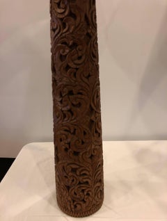 Pair of Hand-Carved Midcentury Teak Lamps California Cool