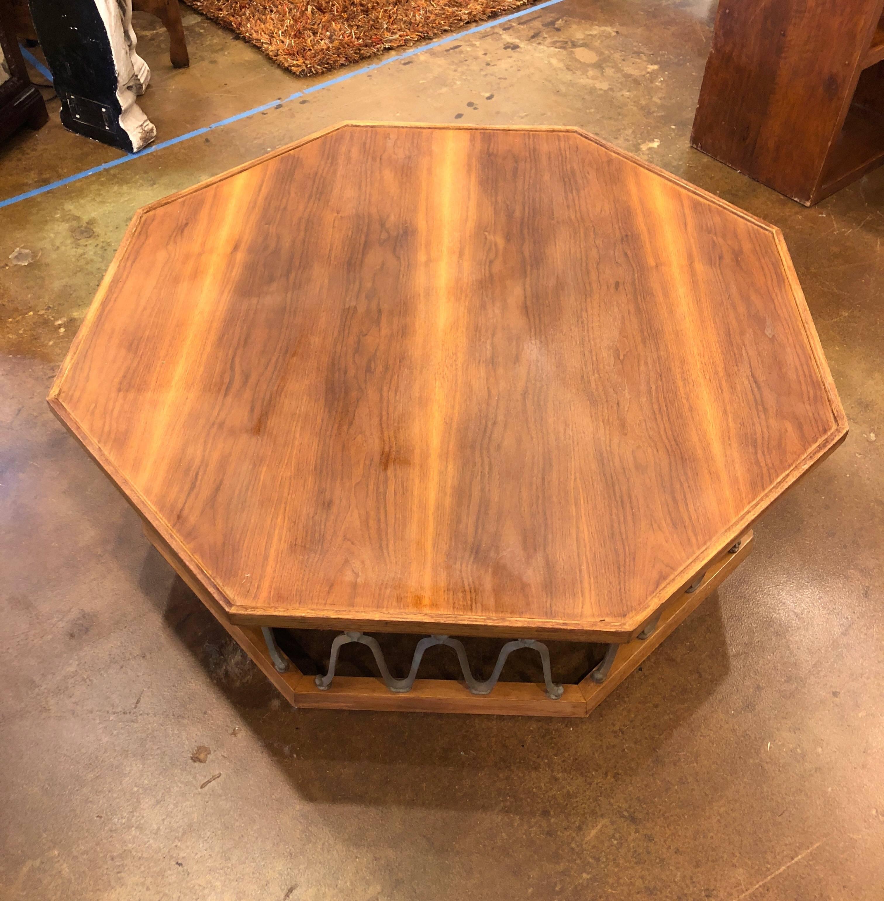 Rare John Van Koert Mediterranean style coffee table in walnut and cast metal excellent condition, circa 1957, as dated on the base.