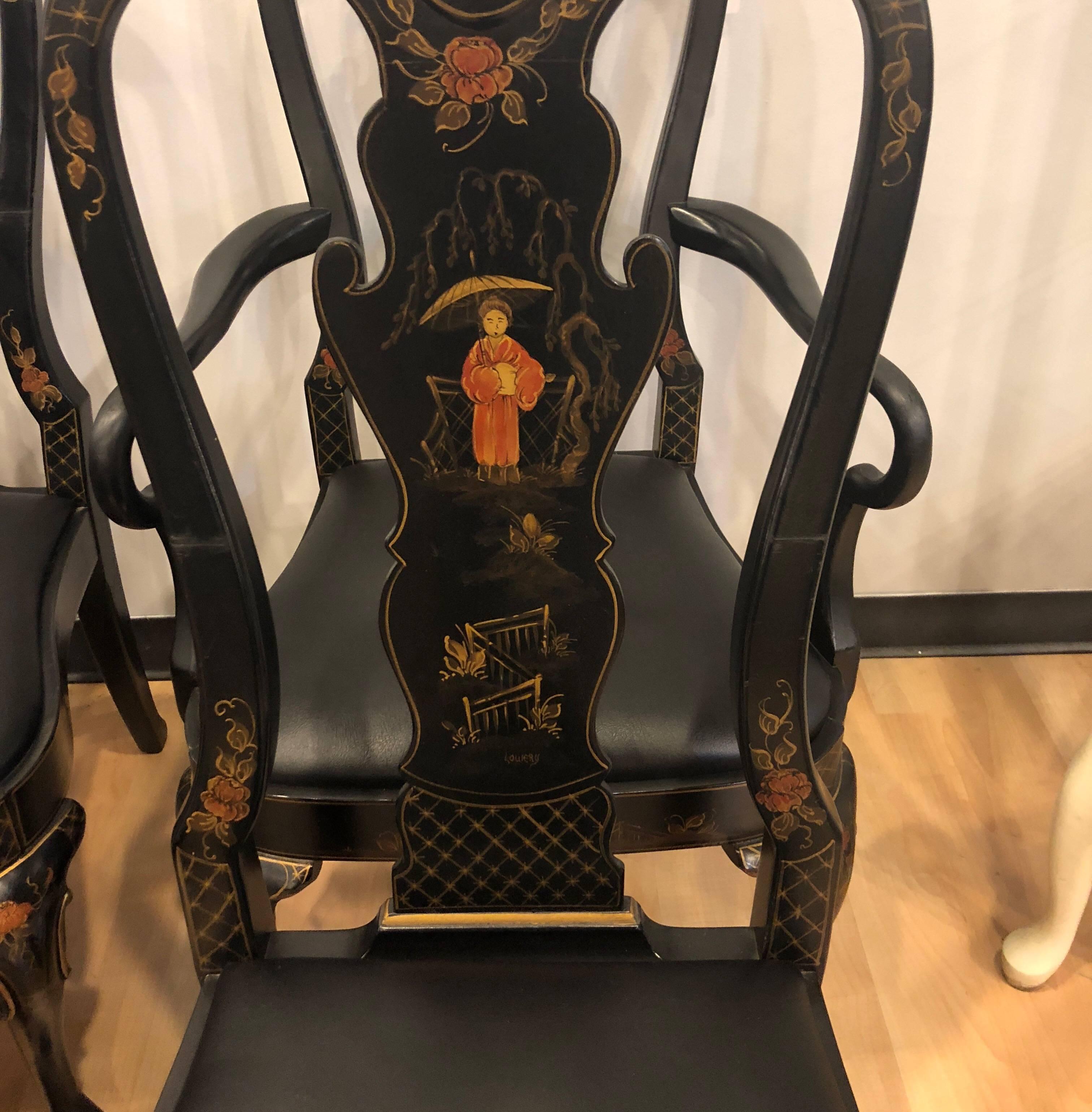 Hollywood Regency Drexel Heritage Chinoiserie Dining Room Chairs, Set of Six For Sale
