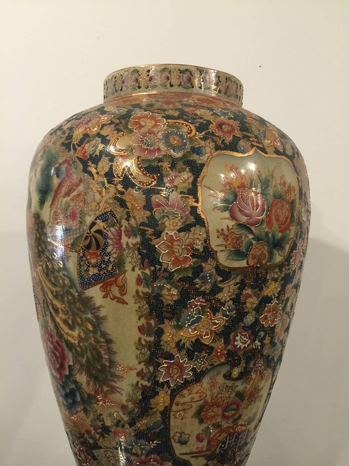 Exceptional detail on this huge palace floor jar.  This piece consists of base, jar, and lid for a total height of 51