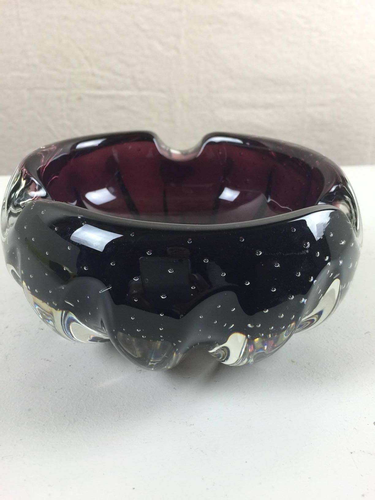 Italian Deep Purple Murano Ashtray with Controlled Bubbles