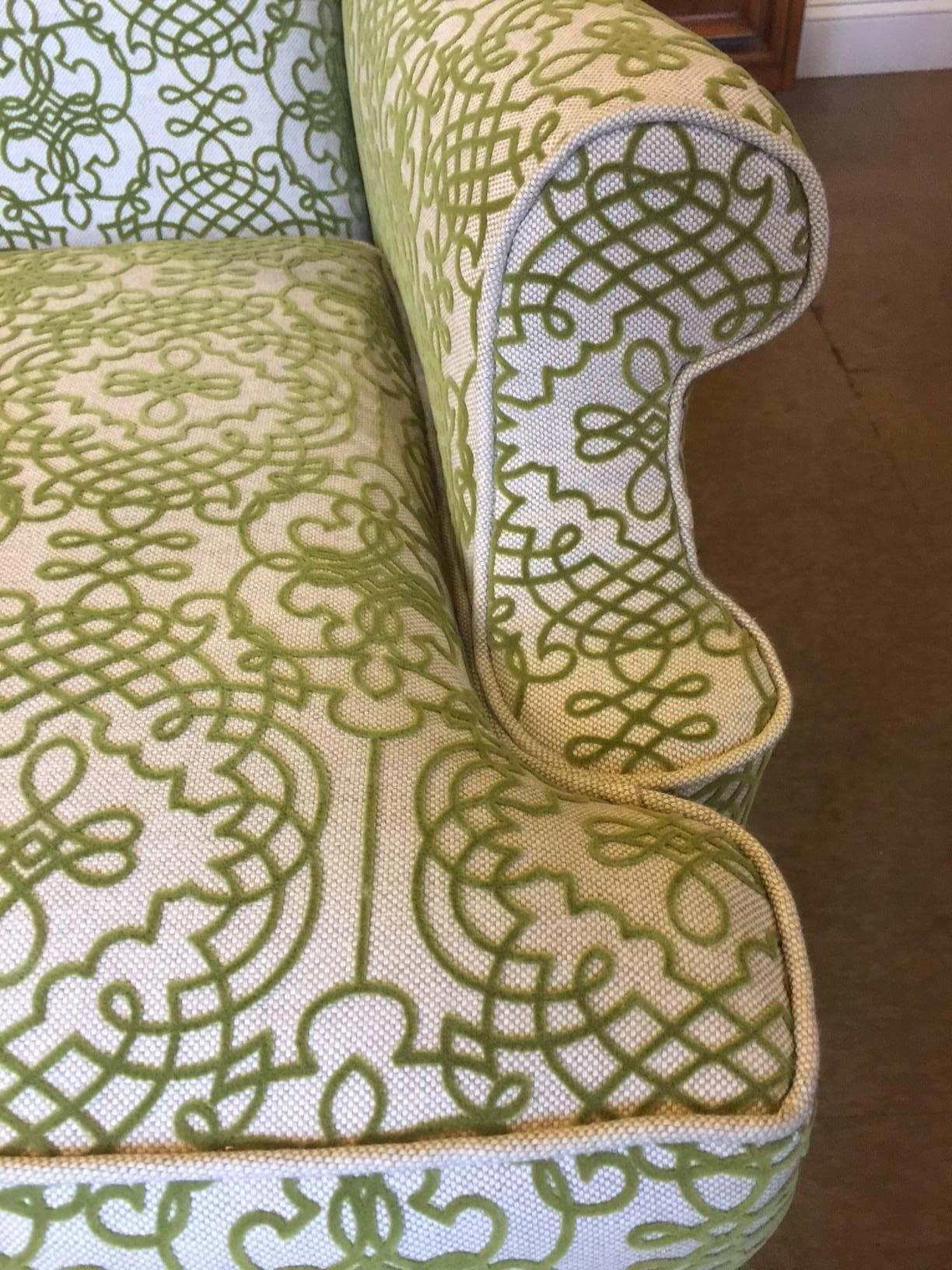 This vintage chair has been reupholstered in a heavy weight cut velvet linen. It is a beautiful shade of green against a neutral fabric (see closeup) and corded in the reverse side of the fabric. It is stunning, front cabriole legs in walnut.