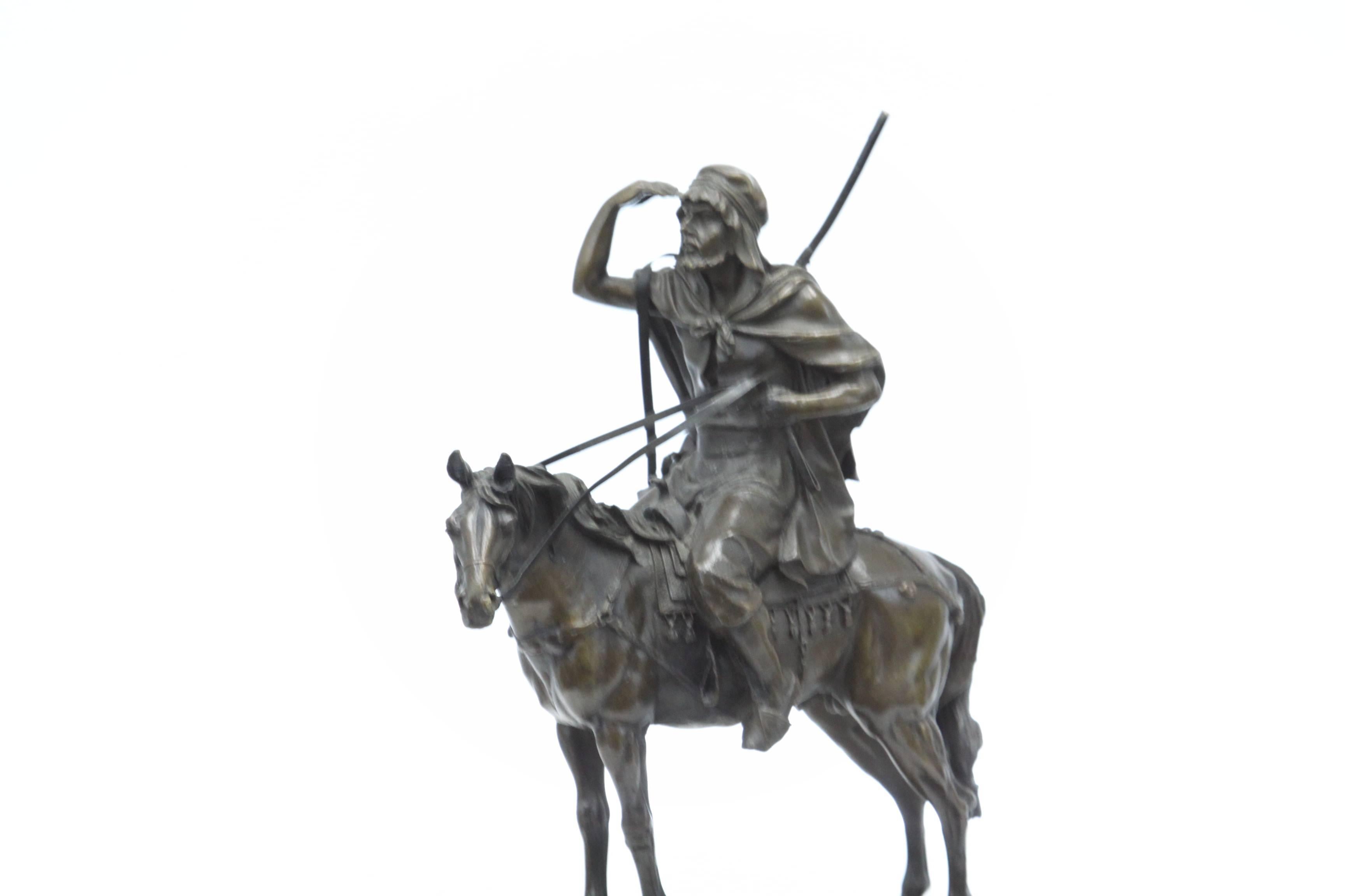 This bronze sculpture is in excellent condition. It is unsigned. Features a Bedouin scout on a stallion.