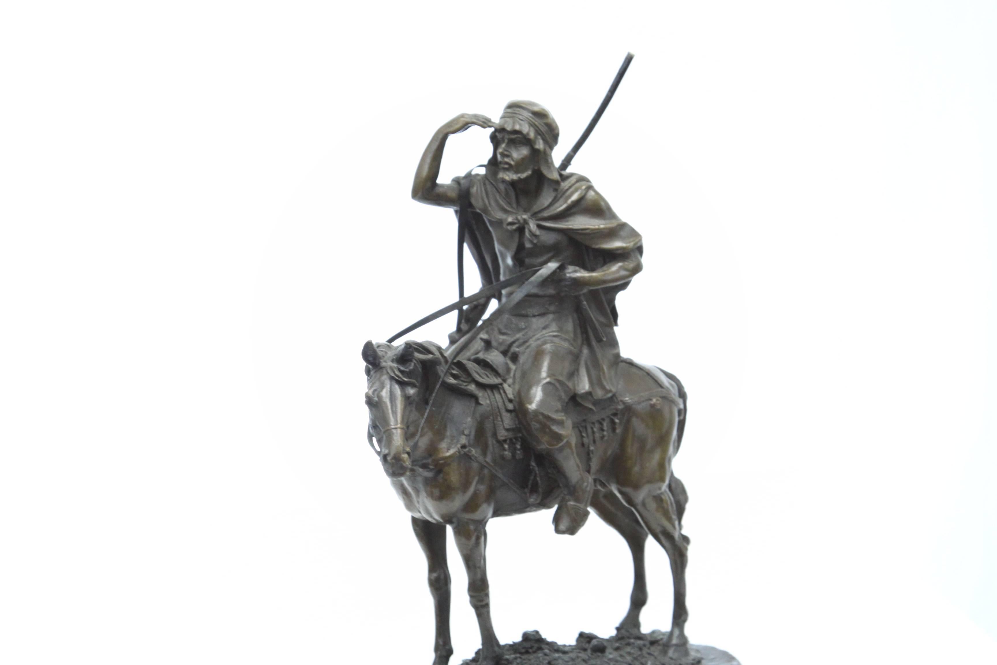 Early 20th Century Bronze Arabian Bedouin Scout on Stallion Sculpture