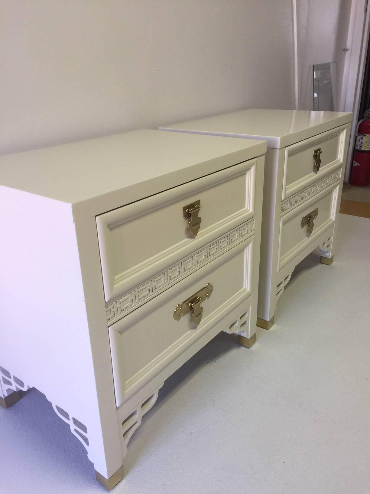 This gorgeous pair of Dixie Shangri-La nightstands has just been refurbished from top to bottom in a satin finish lacquer. Perfect for bedroom, sunroom, or living room.