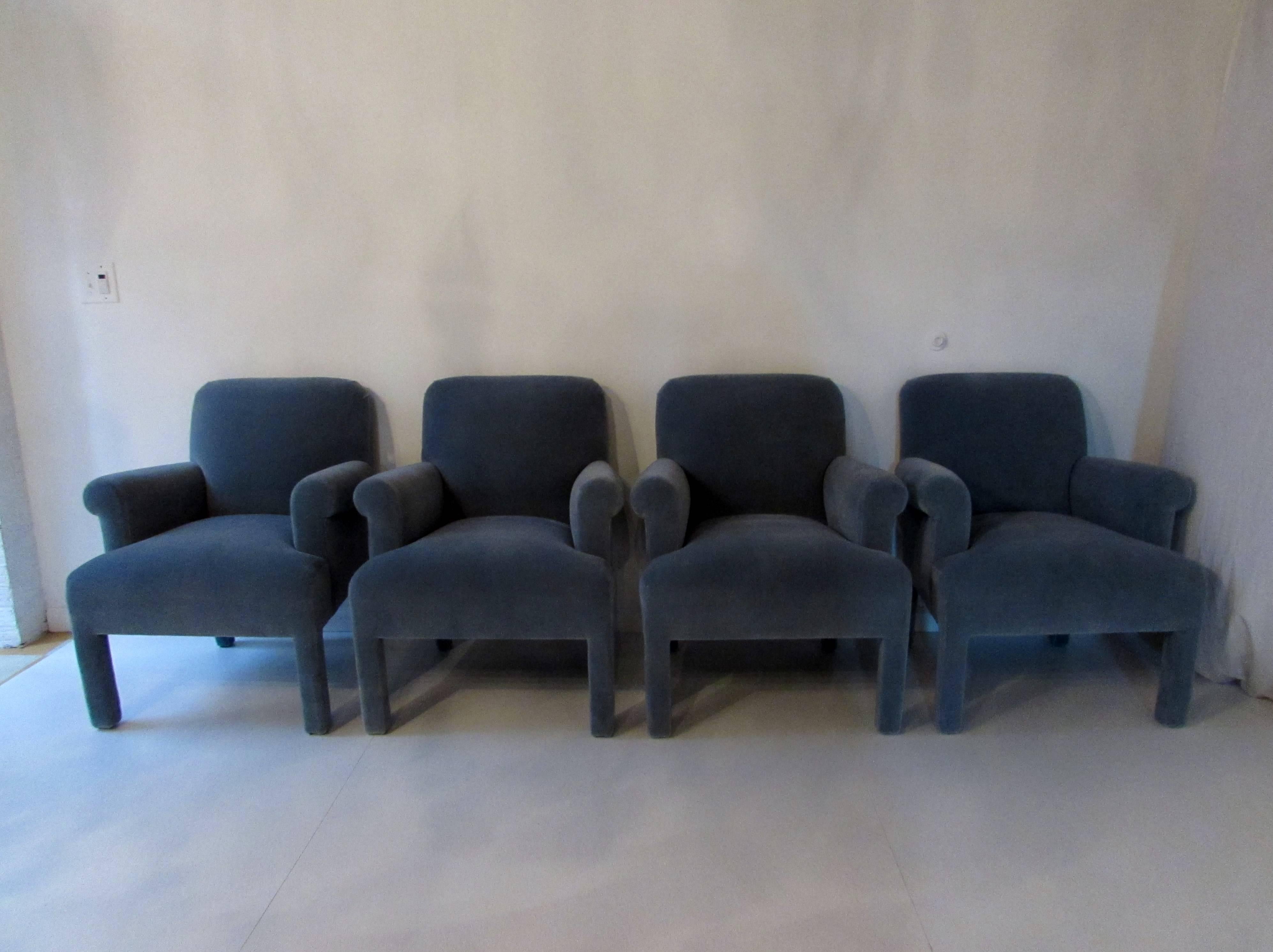 Superb set of four Armchairs designed by Angelo Donghia in the 1980s. Newly upholstered in seafoam blue mohair. Excellent restored condition. Seat, 20