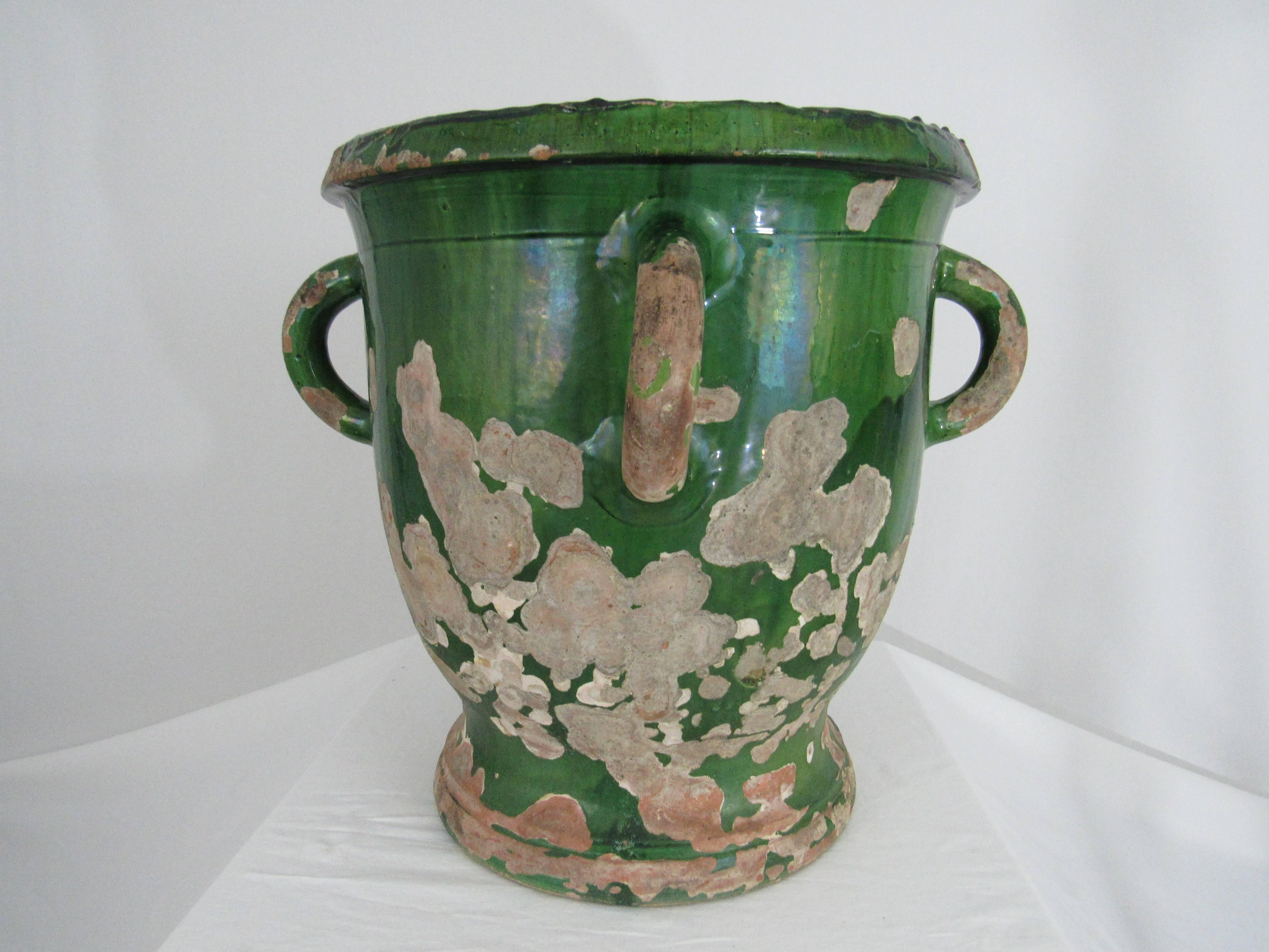 Rustic 19th Century French Emerald Green Urn  For Sale