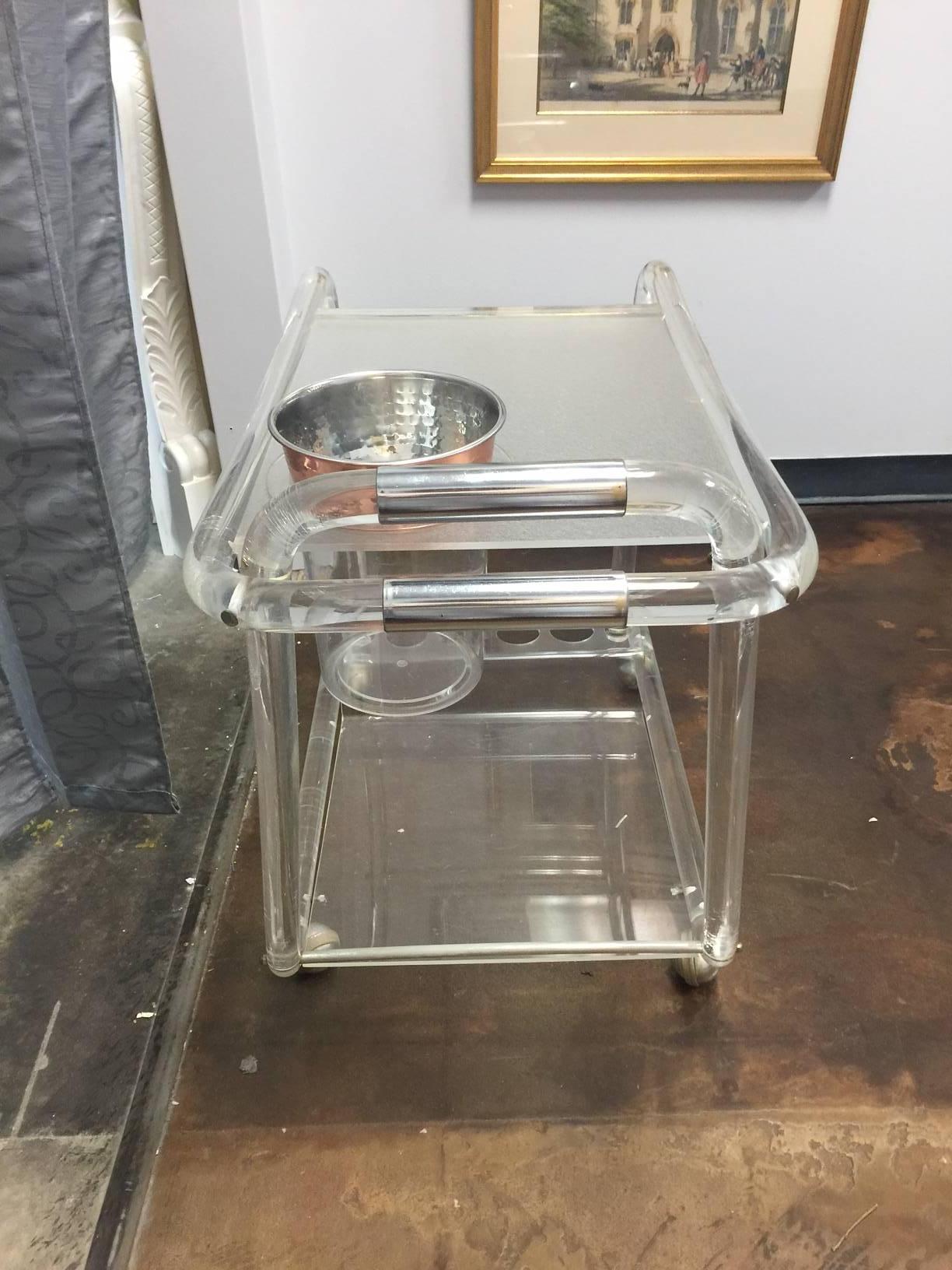 Lucite and Chrome Bar Cart in Manner of Charles Hollis Jones In Excellent Condition In Raleigh, NC
