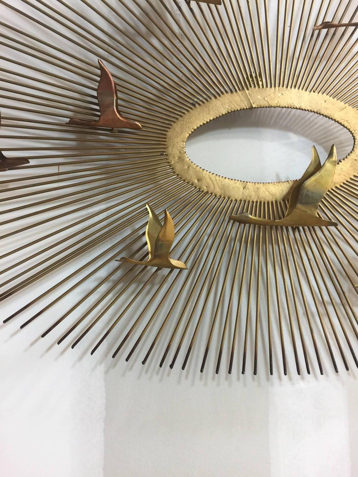 Welded Brutalist Brass and Copper Sunburst in Style of Jere, One Available  For Sale