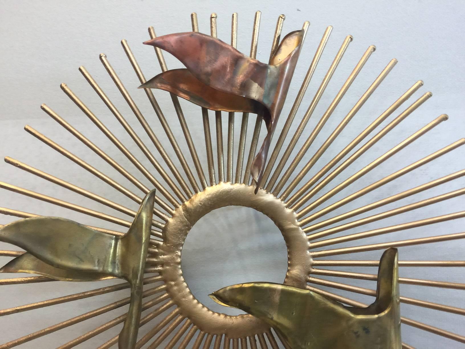 This brass and copper sunburst in the style of Curtis Jere is the perfect complement for your larger sunburst (we have three larger pieces listed!). This mini burst is 10