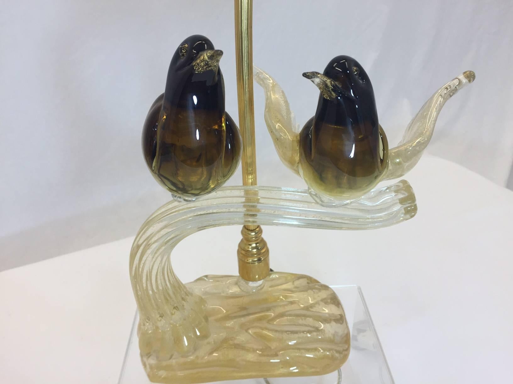 Mid-20th Century Vintage Murano Bird Lamp with Gilded Birds