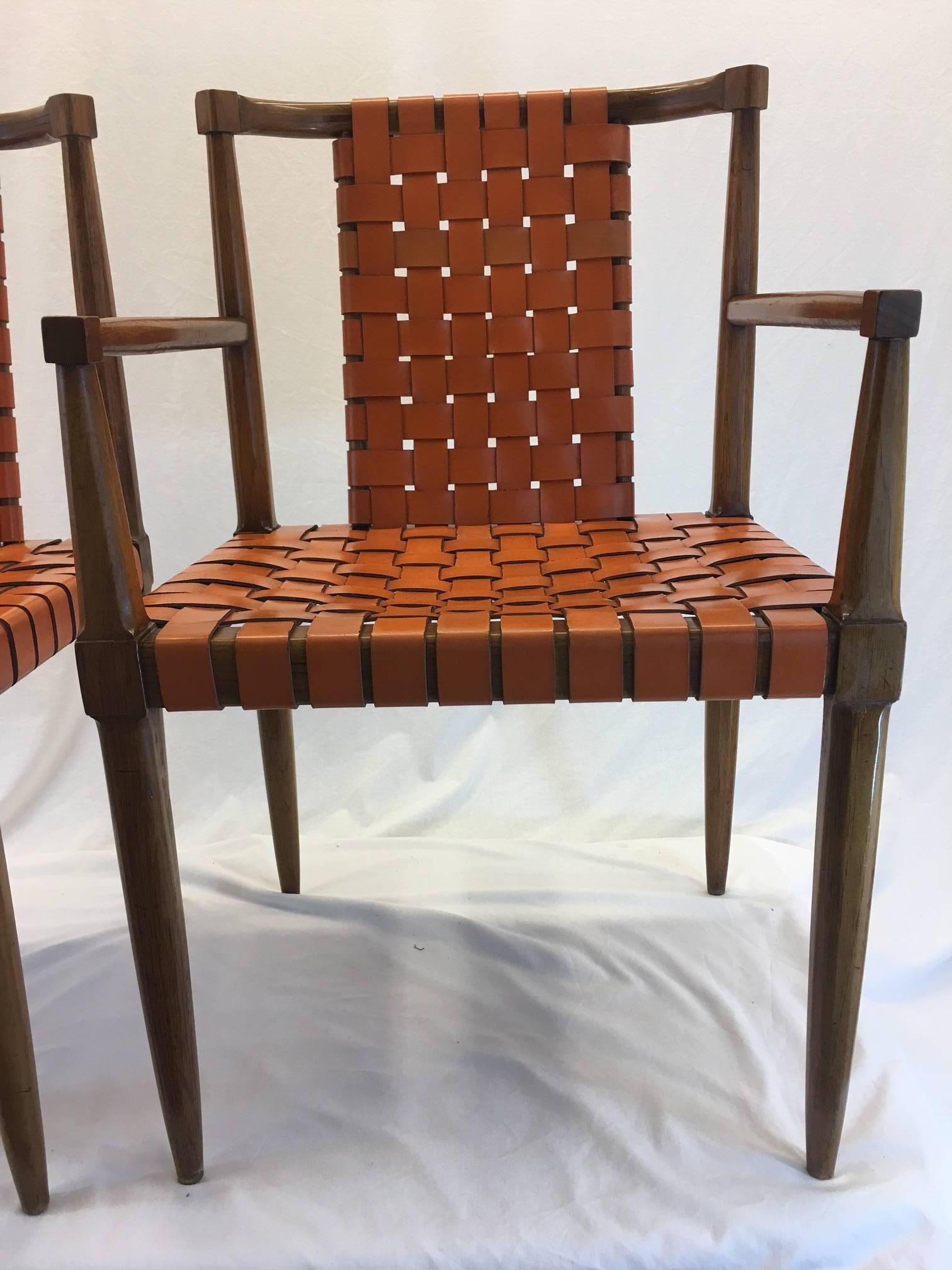 This is a rare set of Tomlinson dining chairs circa 1960 from the Tomlinson sophisticate line (number 61). These are in remarkably good original condition with minor signs of wear. These chairs are perfect with our listing for the Tomlinson dining