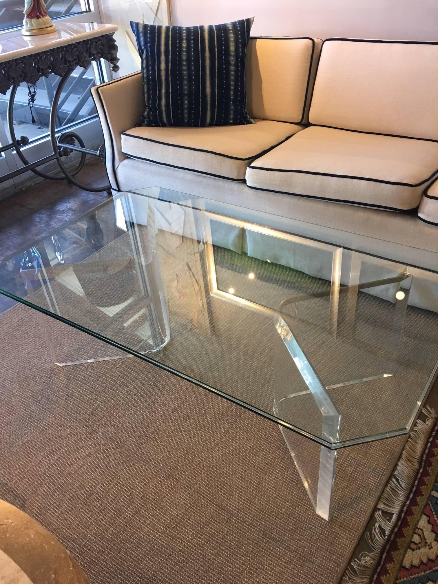 American Lucite and Glass Modern Coffee Table For Sale