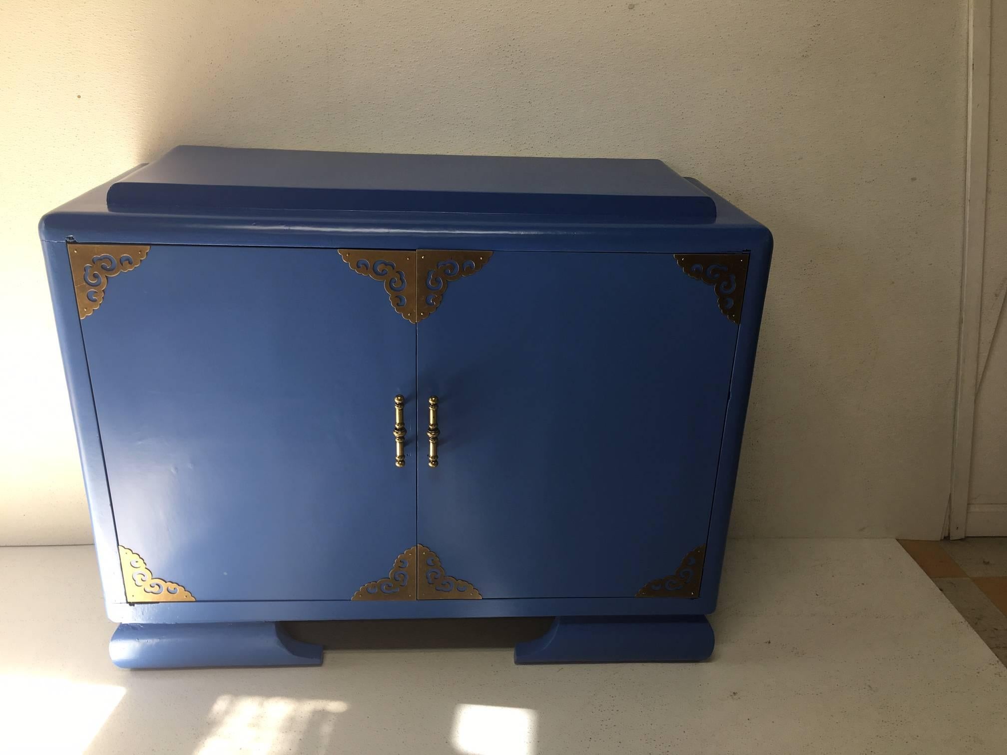 Chinoiserie Athens Blue Vintage Asian Cabinet For Sale