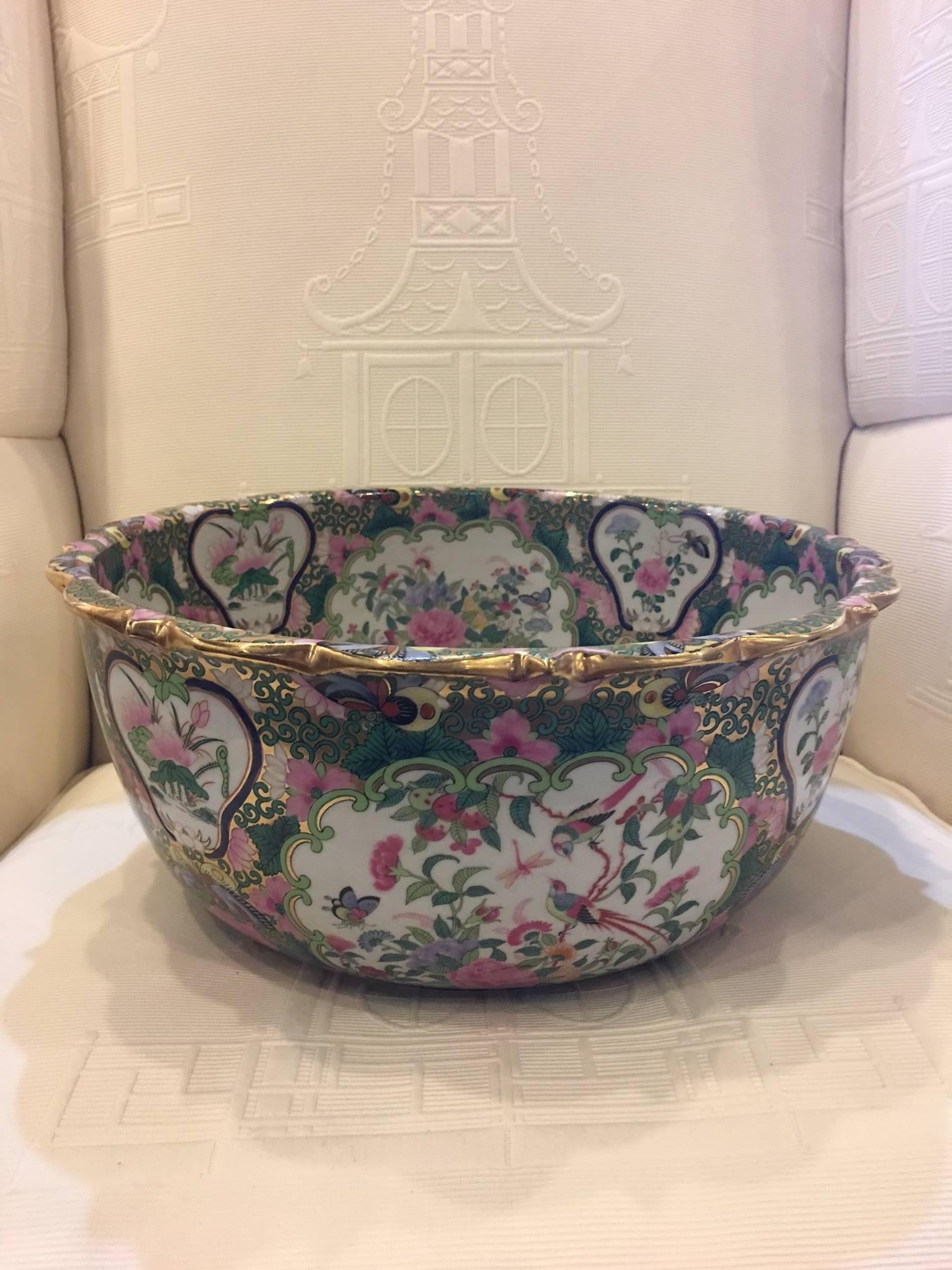 Chinoiserie Chinese Canton Style Famille Rose Porcelain Punch Bowl