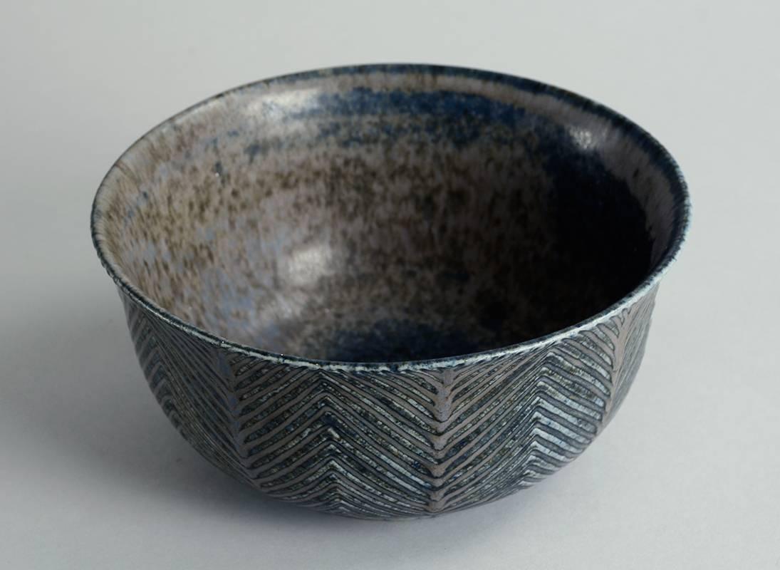 Carved Bowl with Blue Glaze by Axel Salto For Sale