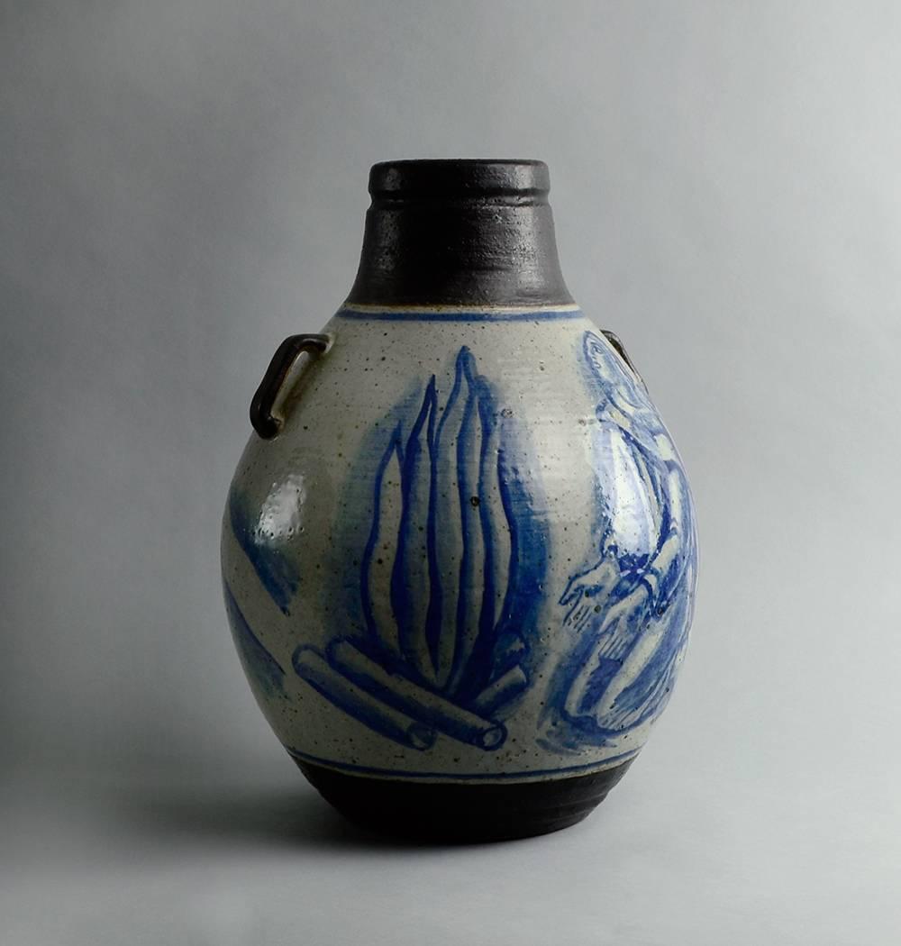 Unique very large stoneware urn with hand-painted underglaze illustration, chamotte clay body glazed in brown, gray-white and blue.