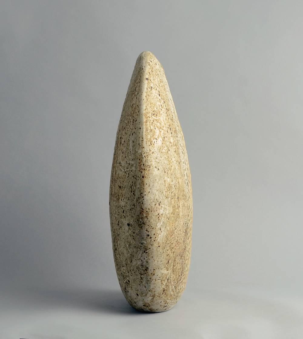 Large unique stoneware sculptural form with matte pale brown and cream glaze.