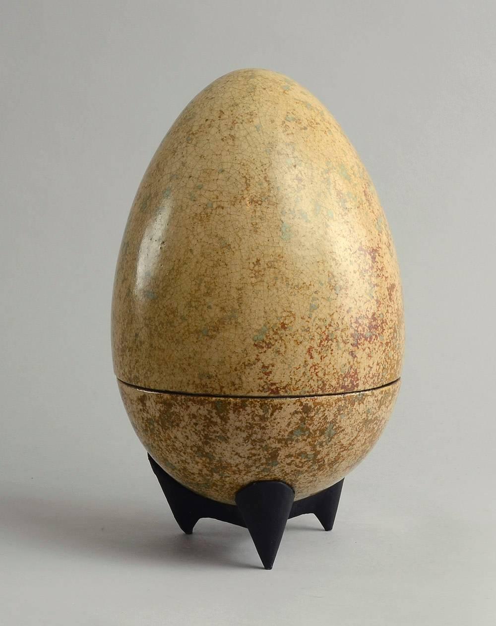 French Egg-Shaped Stoneware Jar on Iron Base by Hans Hedberg For Sale