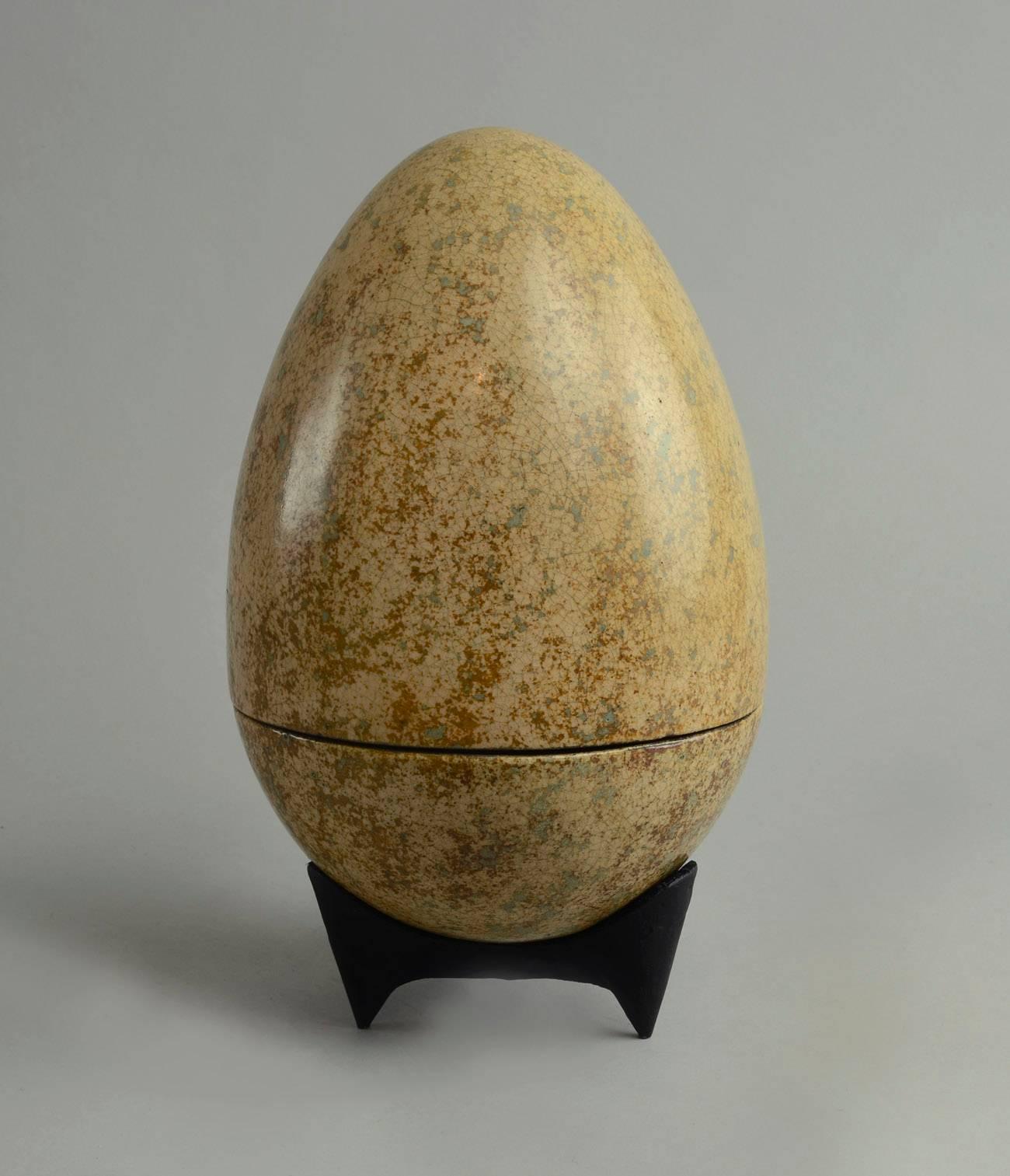Glazed Egg-Shaped Stoneware Jar on Iron Base by Hans Hedberg For Sale