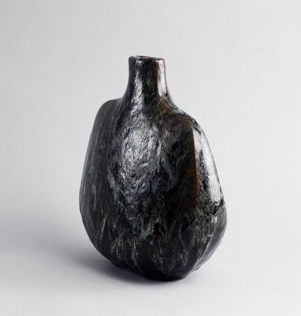 Glazed Stoneware Vase with Dripping Brown and Gray Glaze by Erik Ploen For Sale