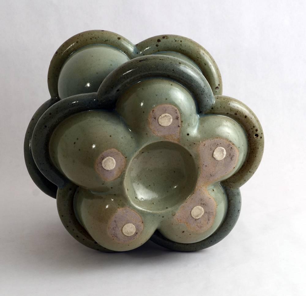 Unique stoneware sculptural vessel with glossy pale gray green glaze, circa 1970s-1980s.