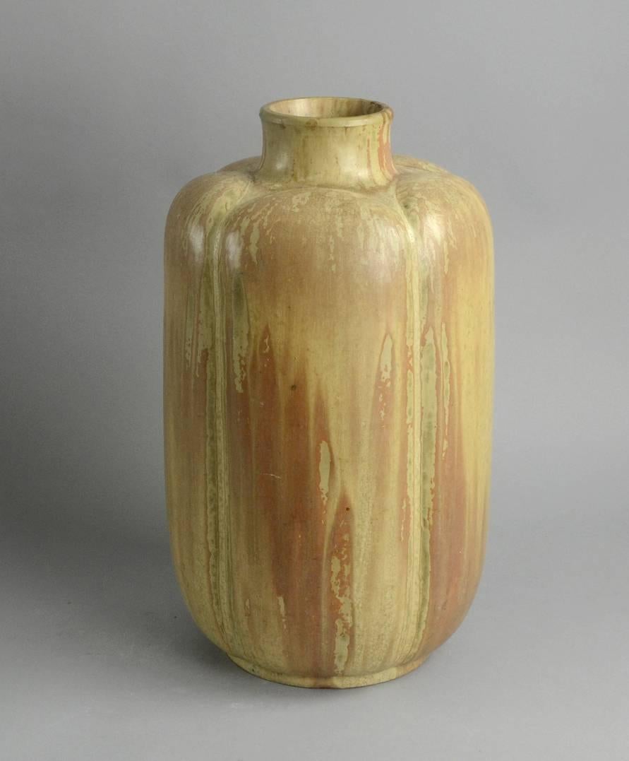 Monumental stoneware vase with peach and pale yellow ochre matte crystalline glaze, 1930s.
