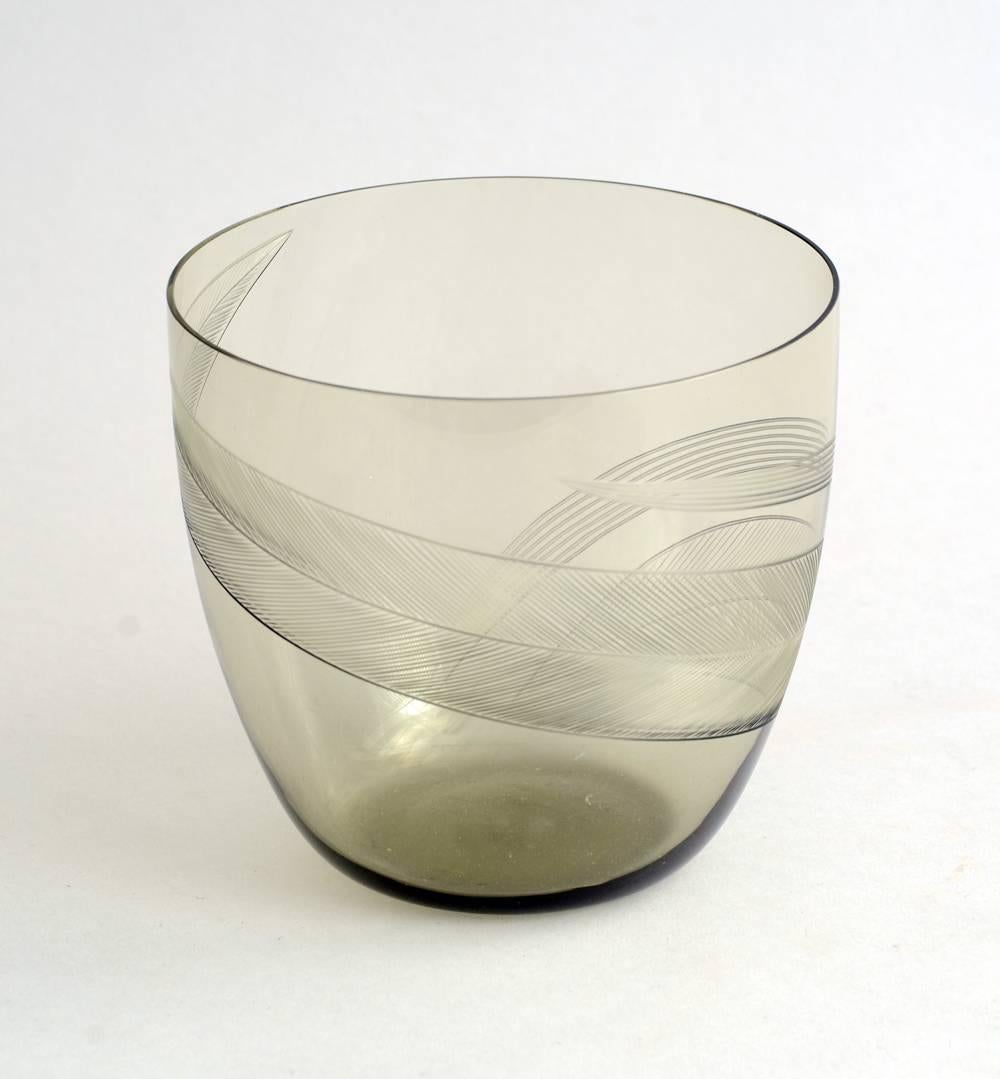 Mid-Century Modern Pair of Engraved Vases in Smoke Colored Glass by Kaj Franck for Nottsjo For Sale