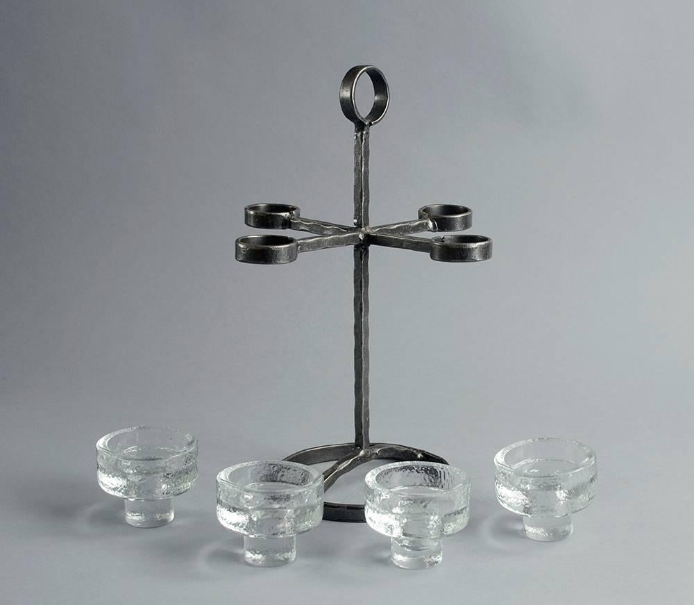 Mid-Century Modern Wrought Iron Candlestick with Glass Candle Holders, Swedish, 1960s For Sale