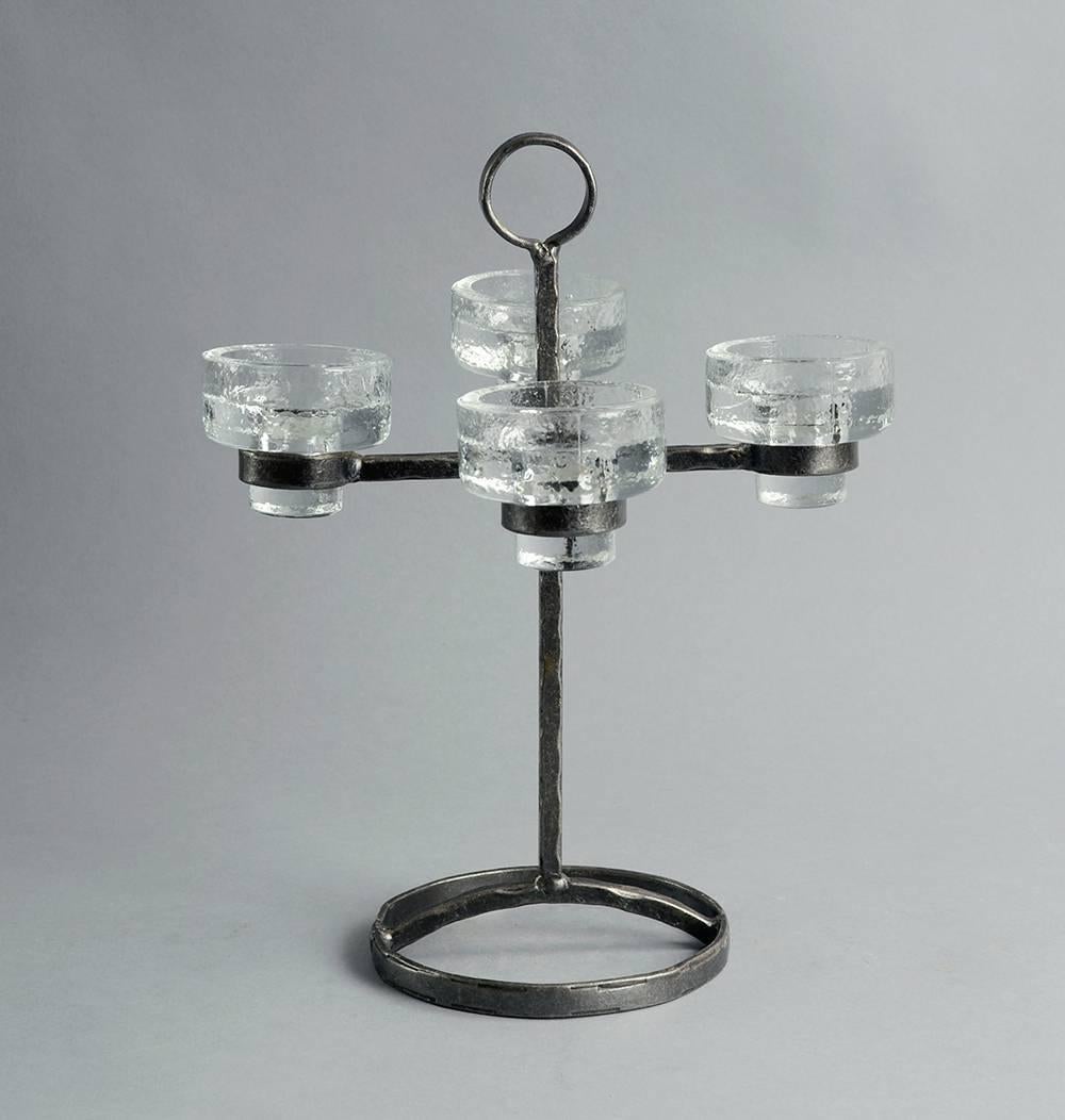 Wrought Iron Candlestick with Glass Candle Holders, Swedish, 1960s In Excellent Condition For Sale In New York, NY