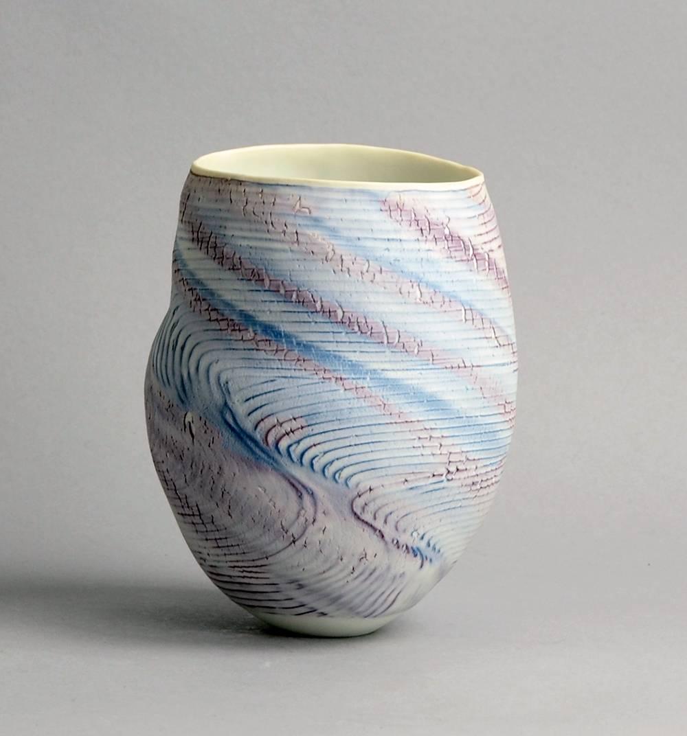 Swedish Porcelain Vase with Pink and Blue Glaze by Kristin Andreasson, 1988 For Sale