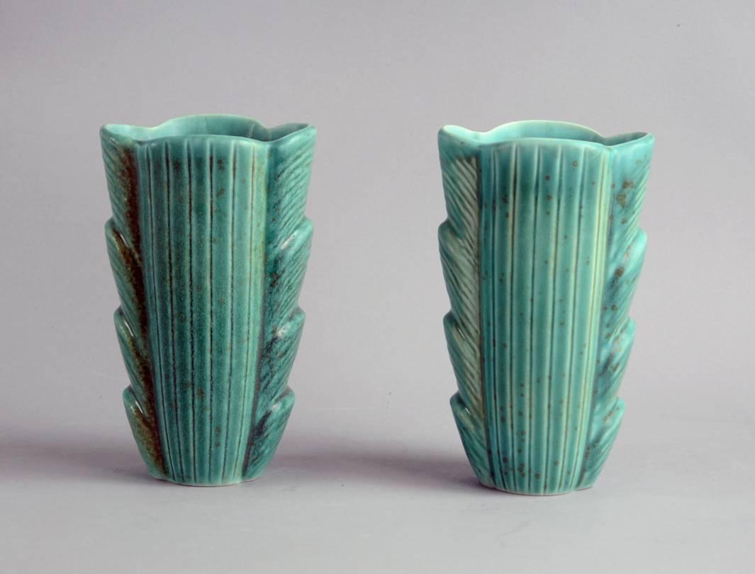 Glazed Pair of Art Deco Stoneware Vases by Gunnar Nylund for Rorstrand, 1930s-1940s For Sale