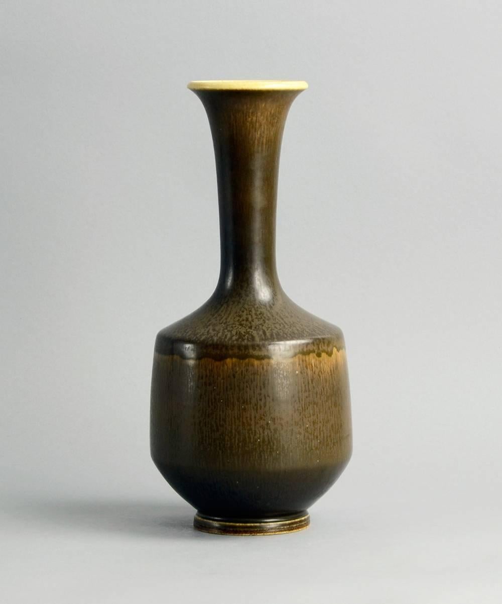 Berndt Friberg for Gustavsberg, Sweden.
Unique stoneware vase with matte brown haresfur glaze, 1966.
Measures: Height 11 3/4