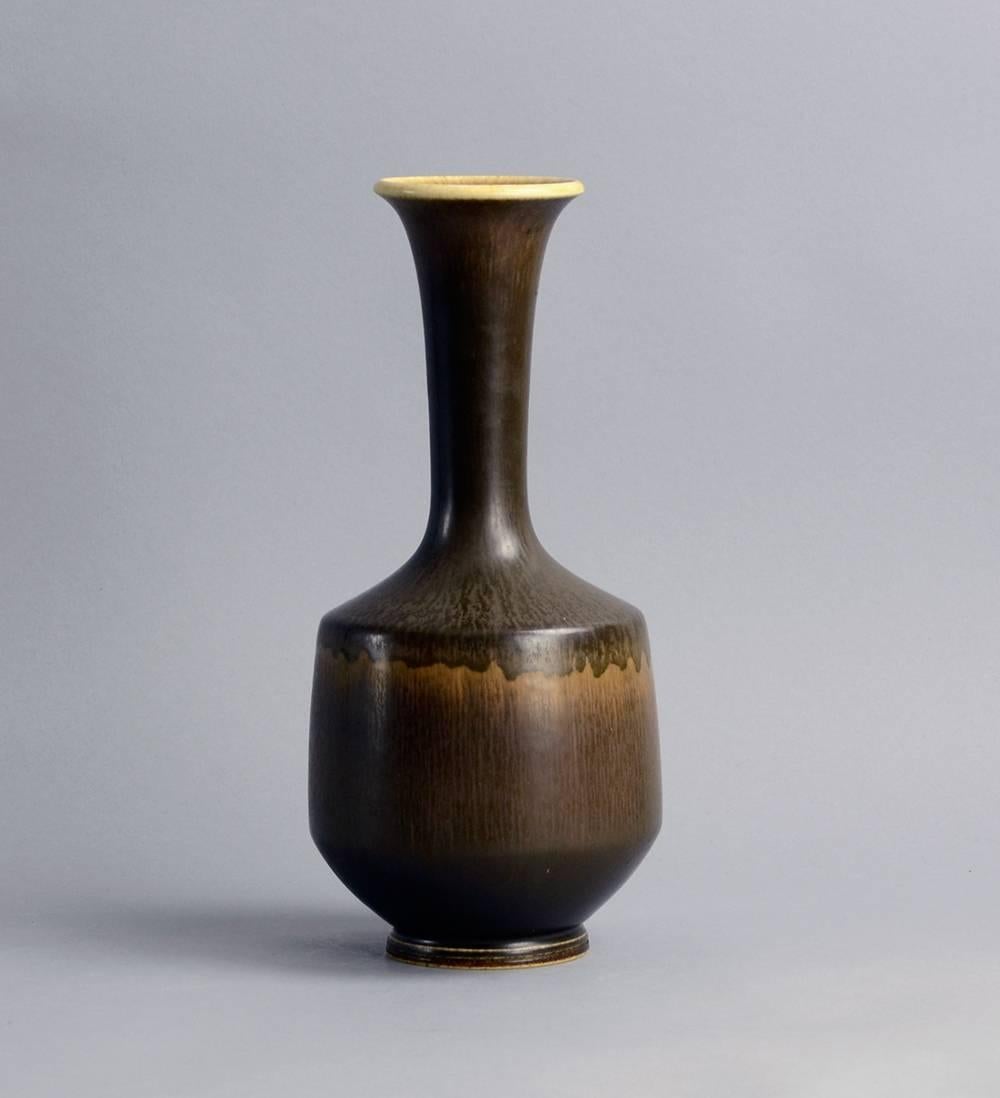 Glazed Unique Vase with Brown Haresfur Glaze by Berndt Friberg for Gustavsberg, 1966 For Sale