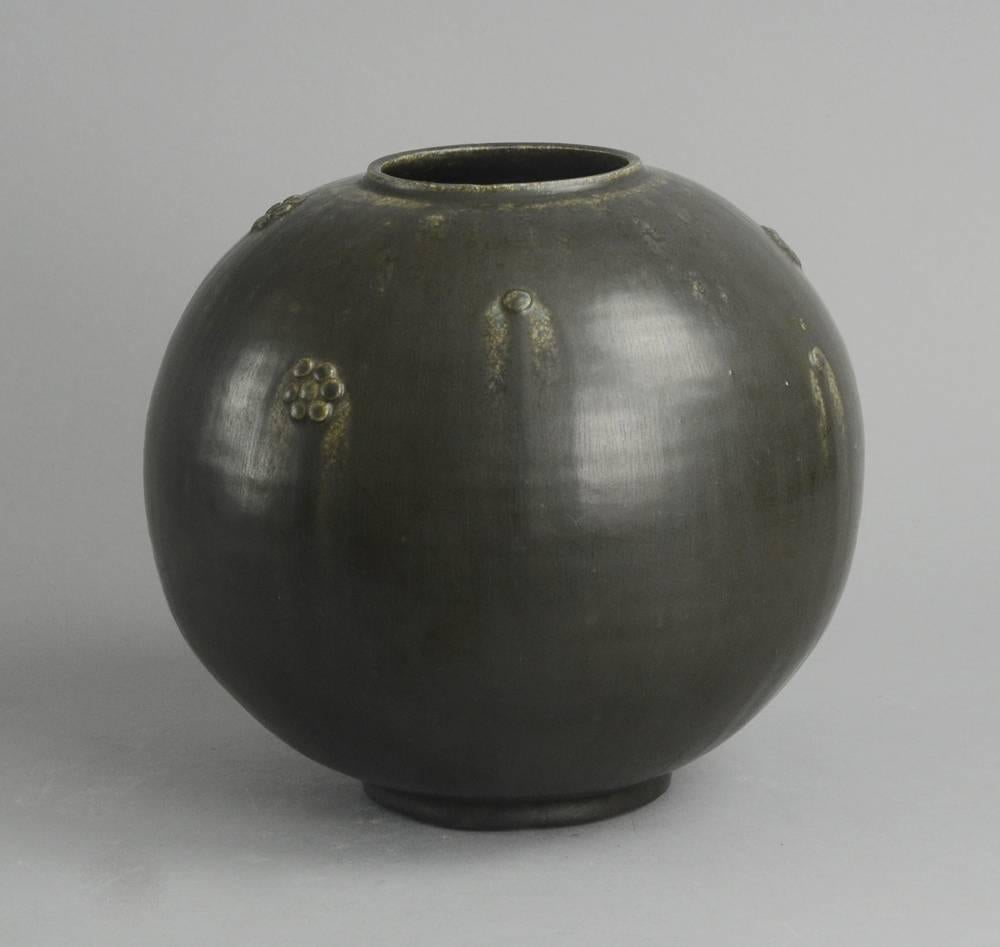 Danish Large Round Vase with Black Haresfur Glaze by Arne Bang, Denmark, 1930s