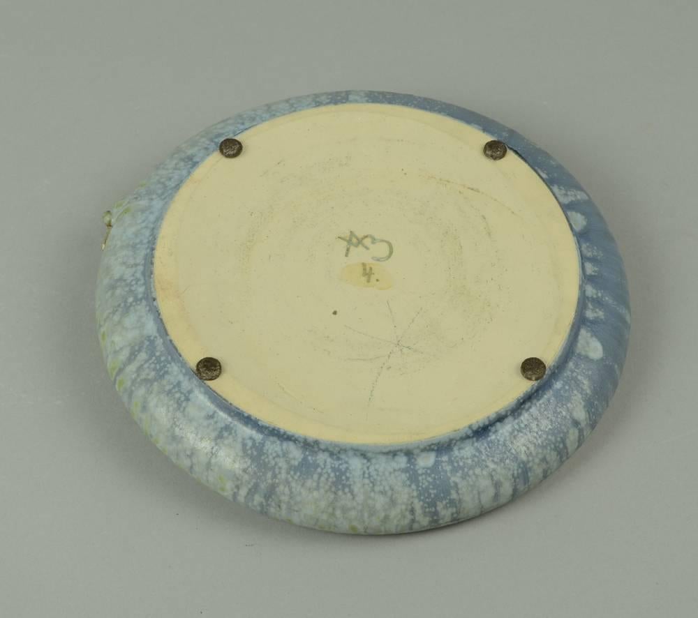 Glazed Stoneware Dish with Blue Crystalline Glaze and Applied Flower, Arne Bang 1930s For Sale