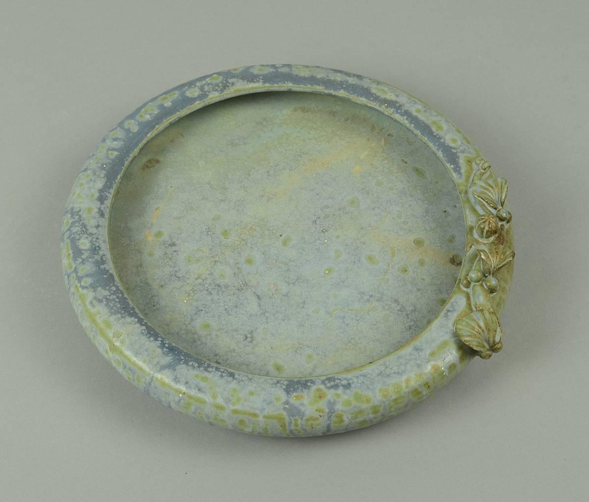 Danish Stoneware Dish with Blue Crystalline Glaze and Applied Flower, Arne Bang 1930s For Sale