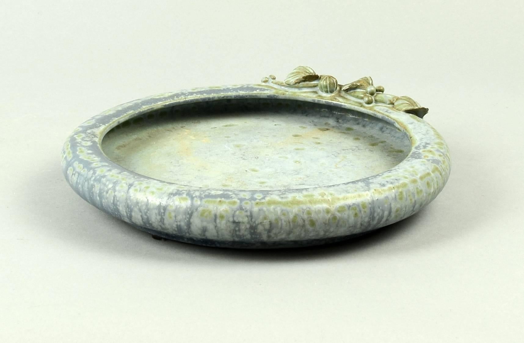 Art Nouveau Stoneware Dish with Blue Crystalline Glaze and Applied Flower, Arne Bang 1930s For Sale
