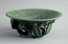 Stoneware Bowl with Sculptural Base and Green Glaze by Arne Bang, Denmark, 1930s